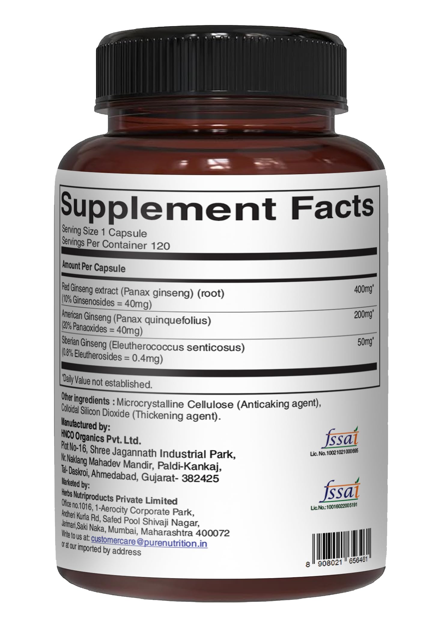 PURE NUTRITION Triple Ginseng 120 Capsules back view