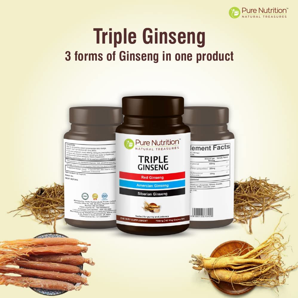 PURE NUTRITION Triple Ginseng 120 Capsules on a wooden table