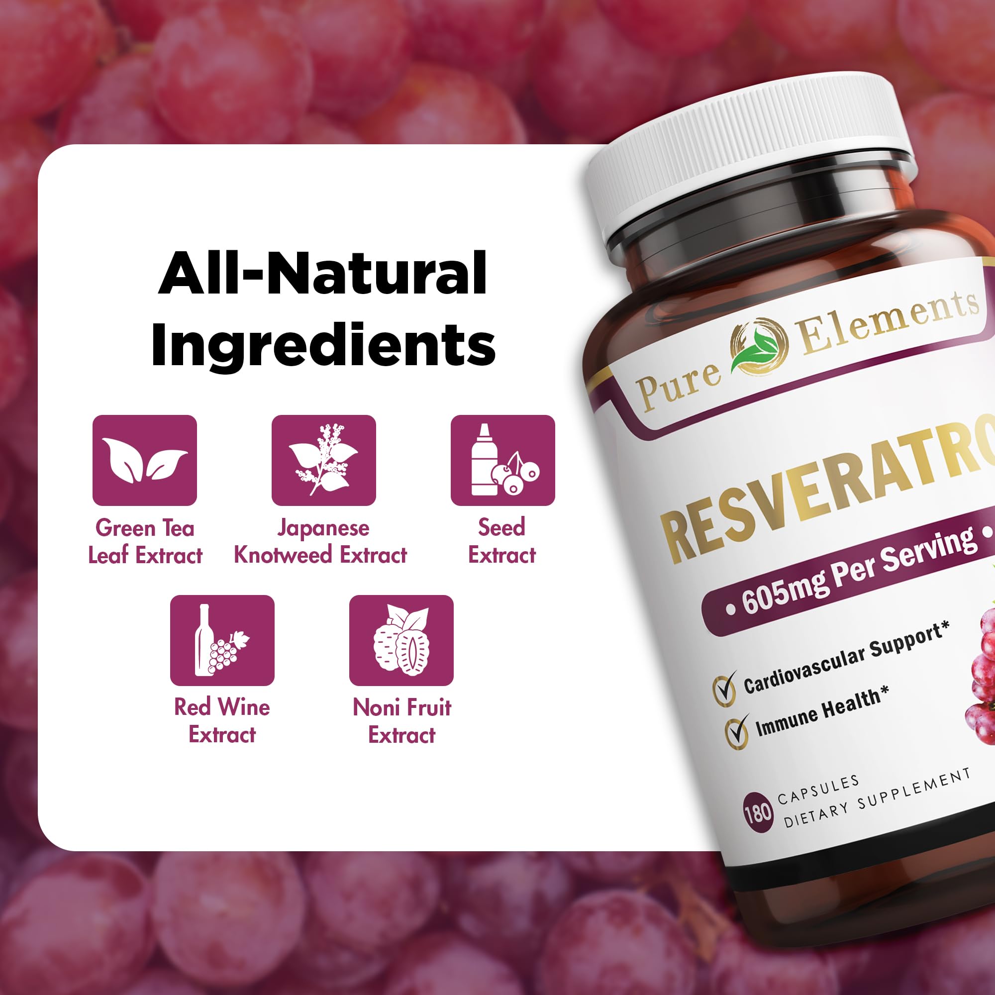 Pure Organic Elements Resveratrol 1450mg Extra Strength 180 Capsules bottle with label