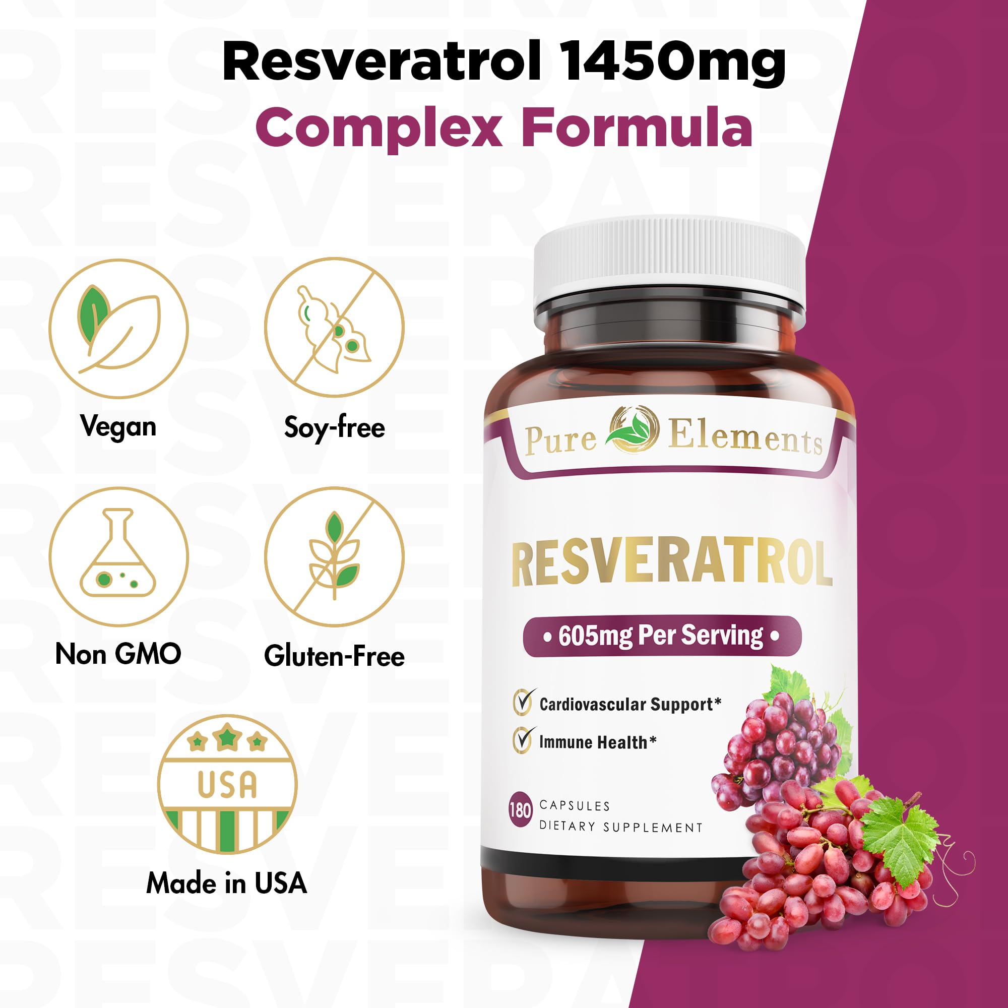 Pure Organic Elements Resveratrol capsules on a wooden surface