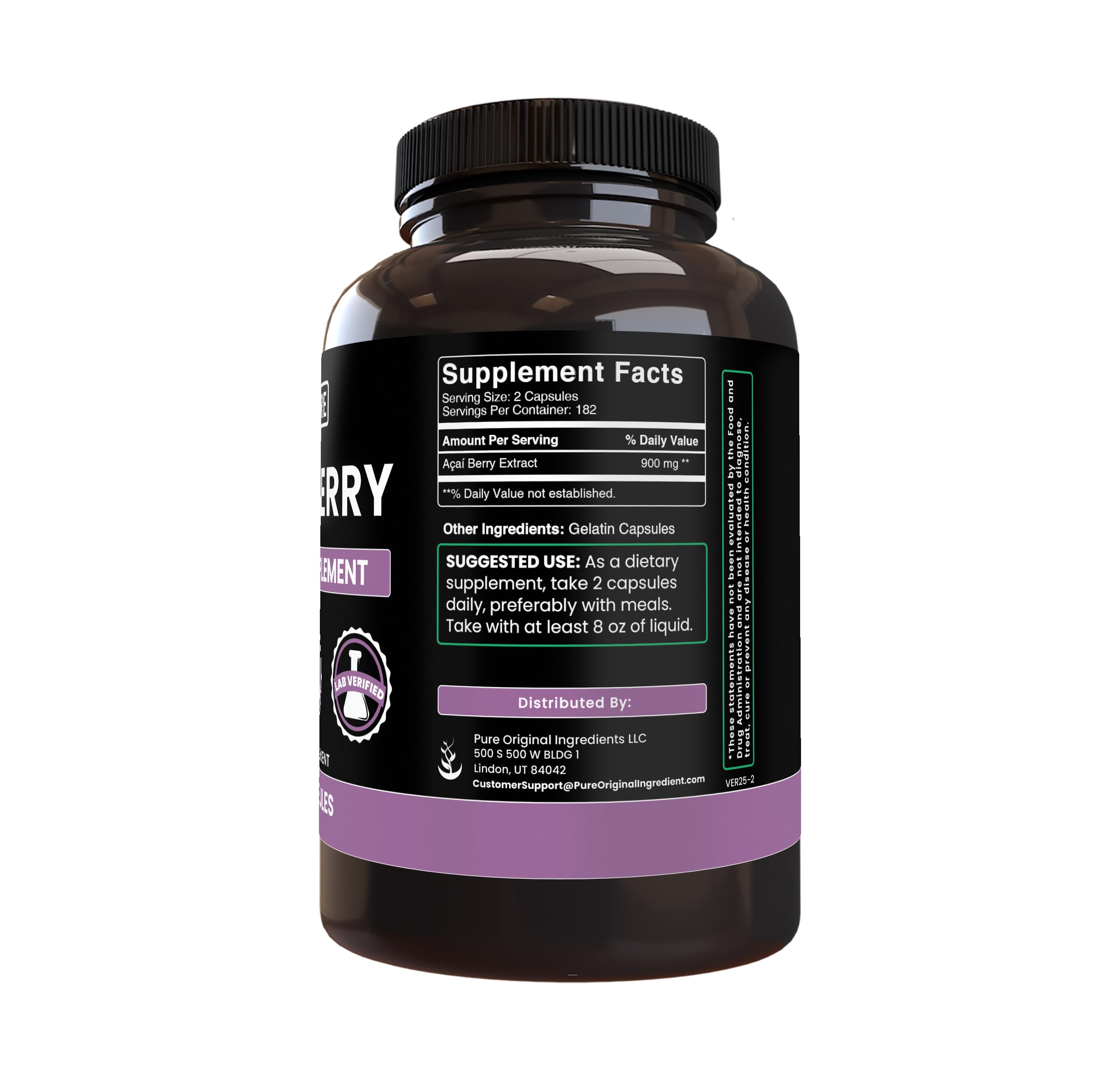 PURE ORIGINAL INGREDIENTS Acai Berry Capsules side view