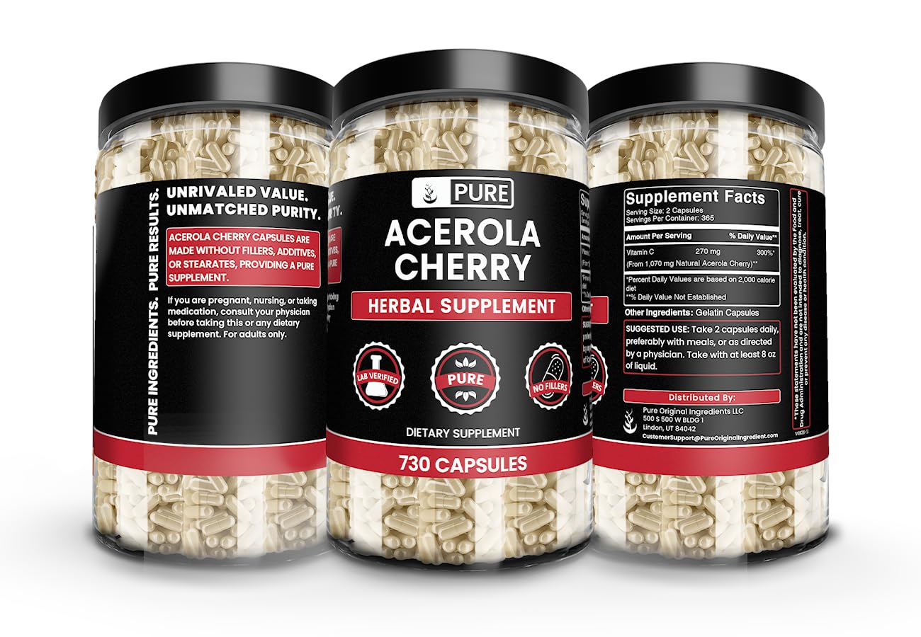 PURE ORIGINAL INGREDIENTS Acerola Cherry Capsules open bottle with capsules