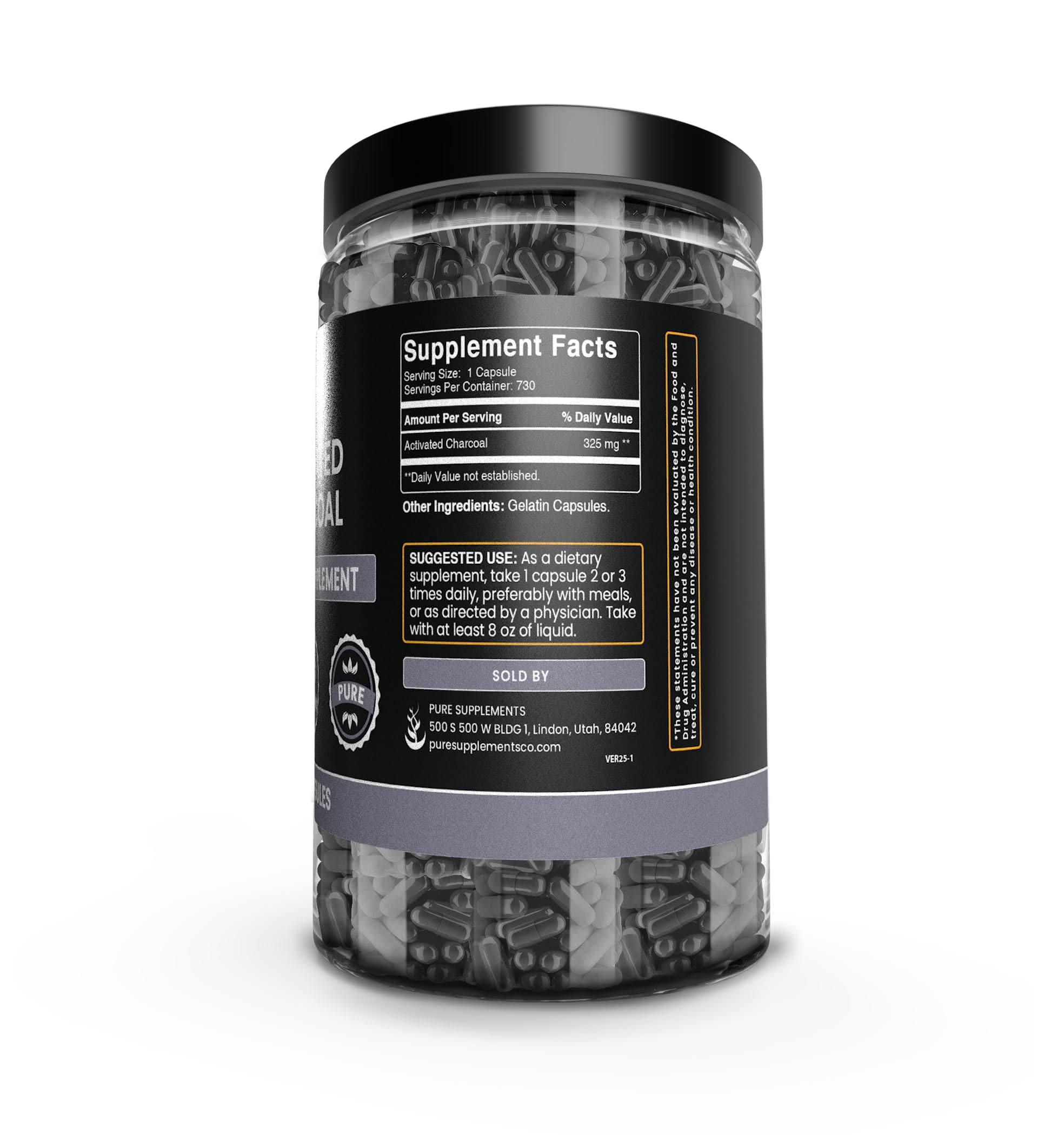 PURE ORIGINAL INGREDIENTS Activated Charcoal Capsules bottle side view