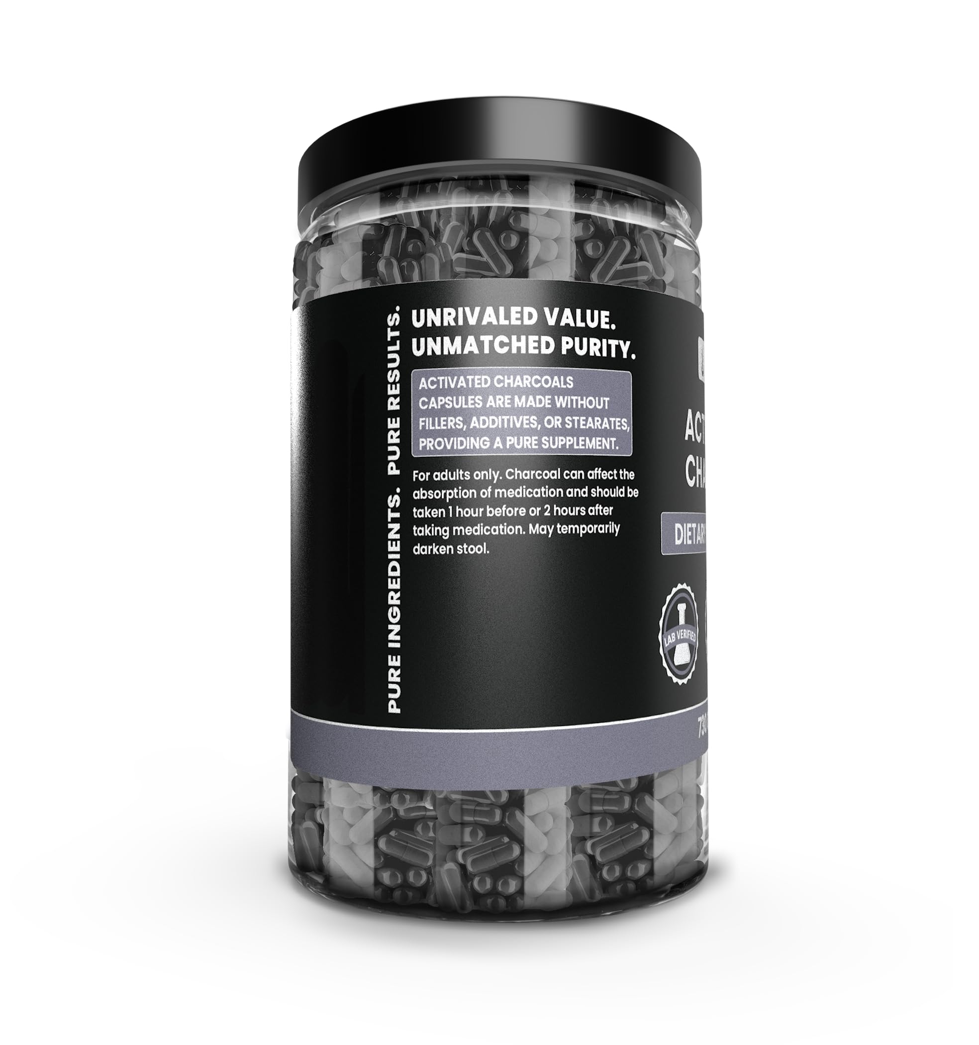 PURE ORIGINAL INGREDIENTS Activated Charcoal Capsules with dosage information