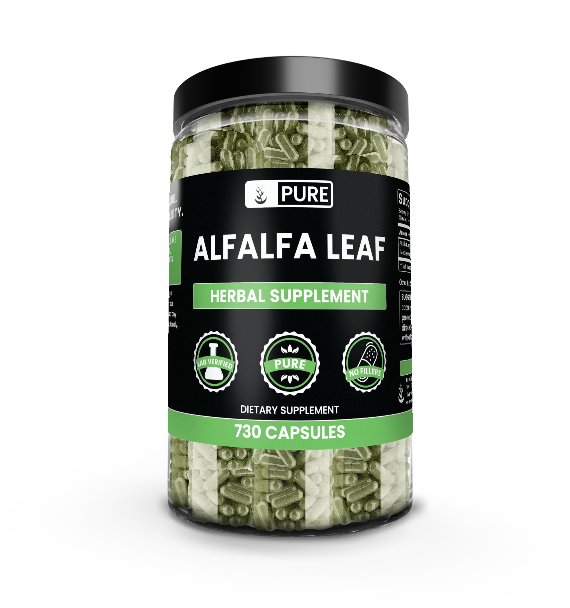 PURE ORIGINAL INGREDIENTS Alfalfa Leaf Capsules 240 Count front view