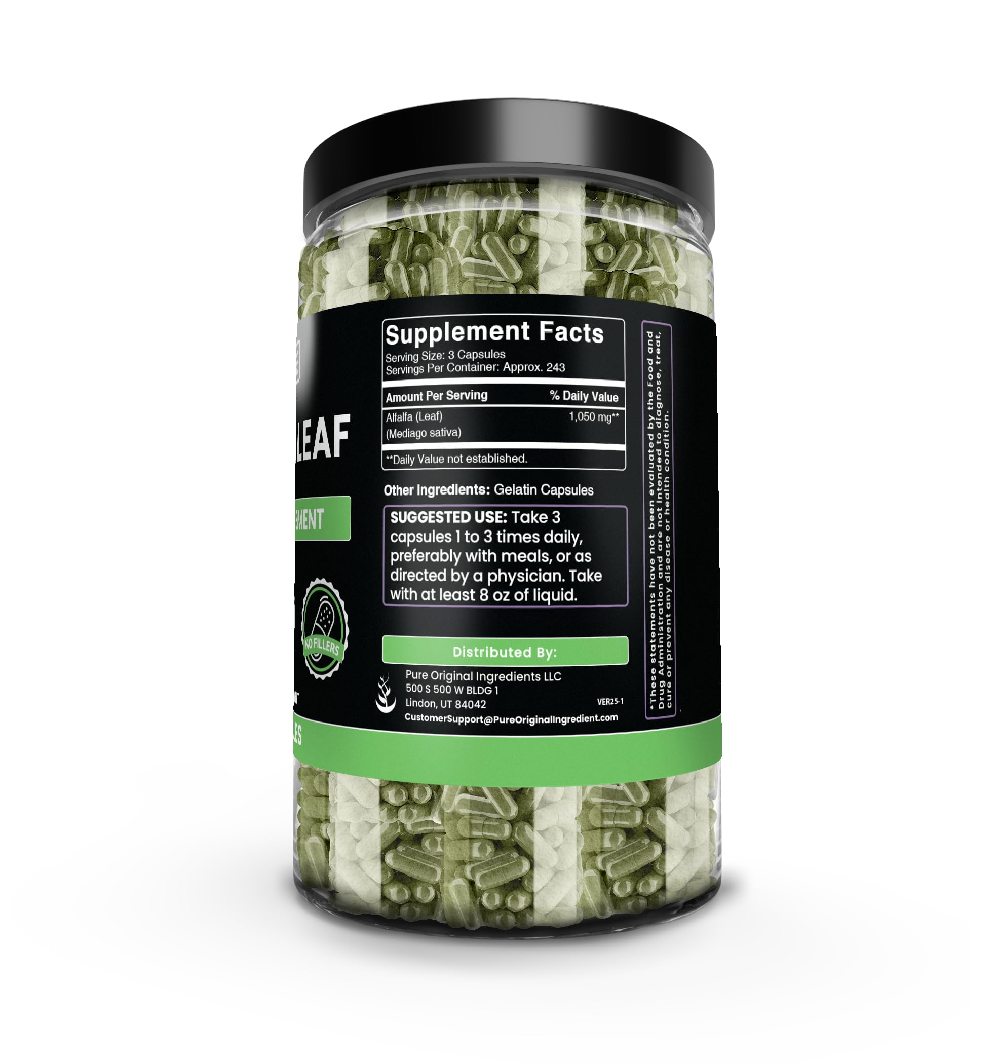 PURE ORIGINAL INGREDIENTS Alfalfa Leaf Capsules side view
