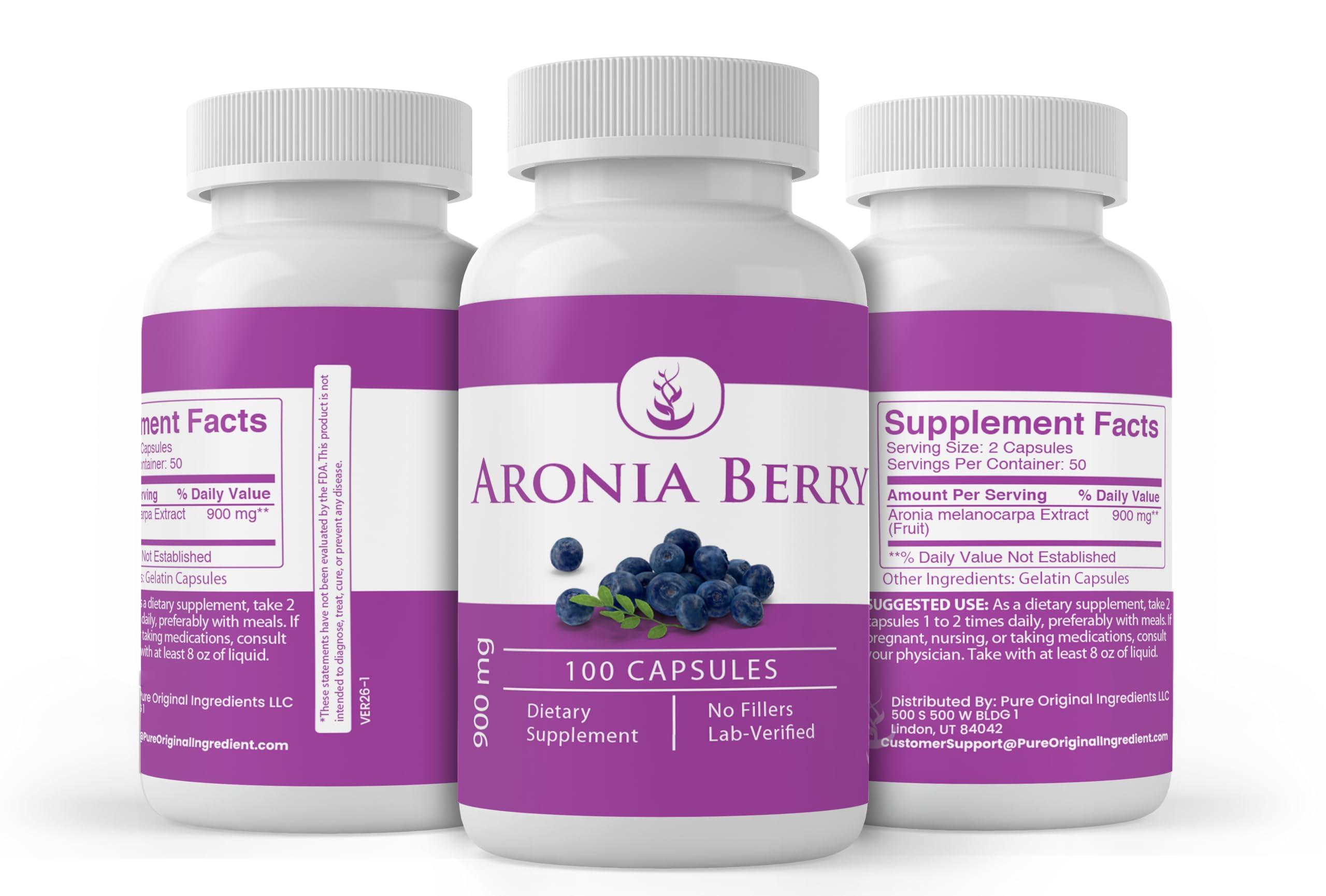 PURE ORIGINAL INGREDIENTS Aronia Berry Extract Capsules with dosage information