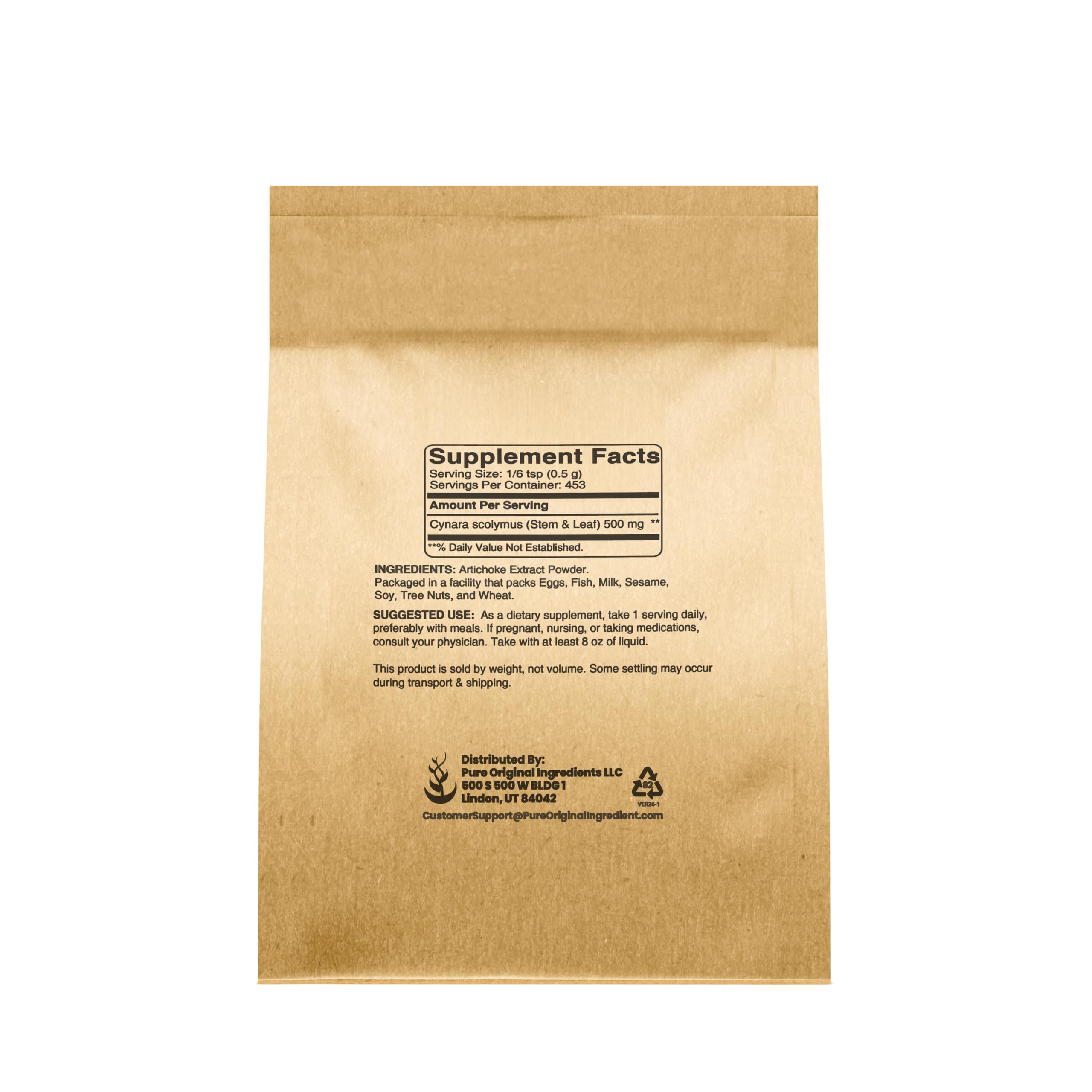 PURE ORIGINAL INGREDIENTS Artichoke Extract Powder packaging side view
