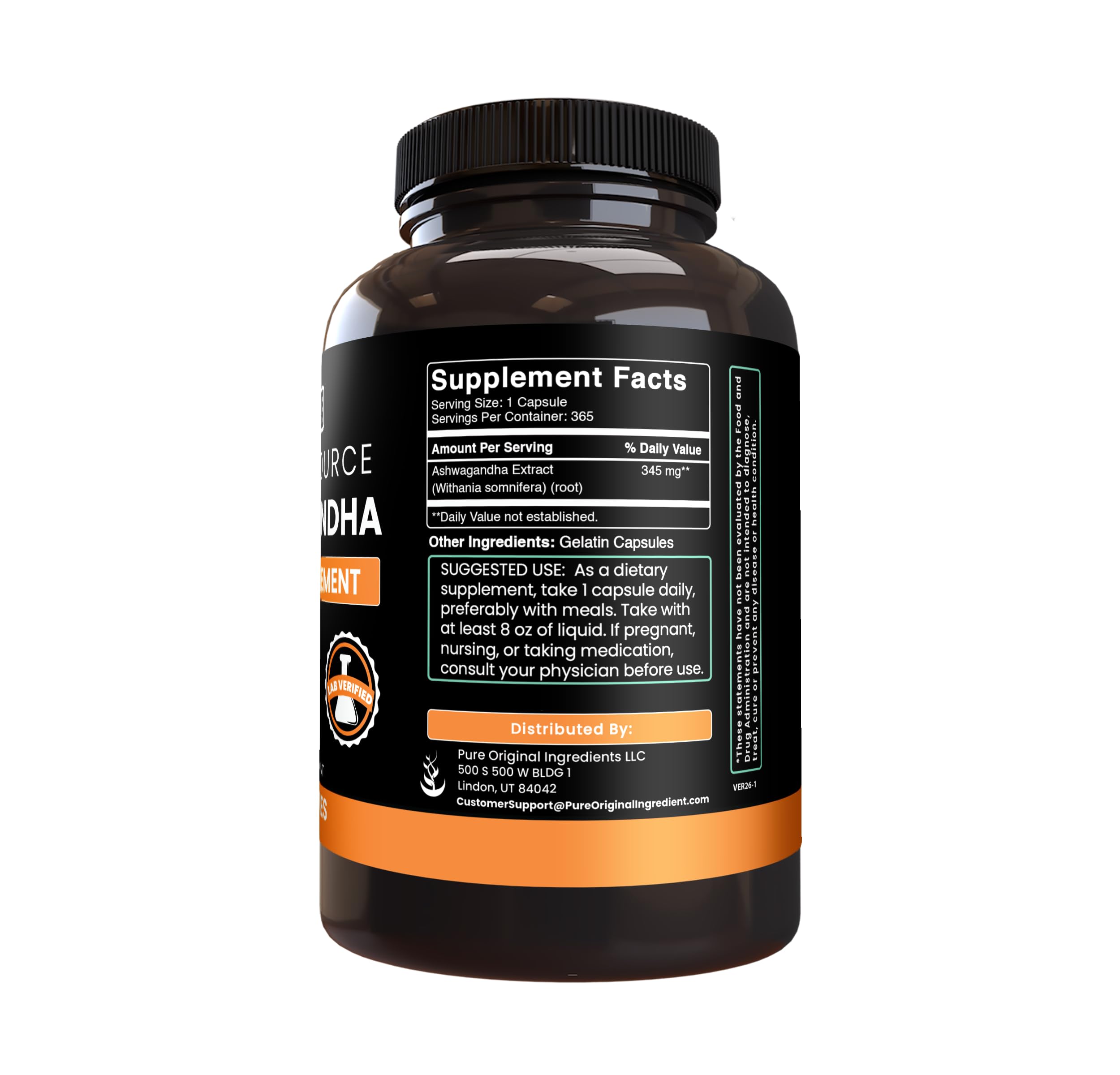PURE ORIGINAL INGREDIENTS Ashwagandha Capsules side view