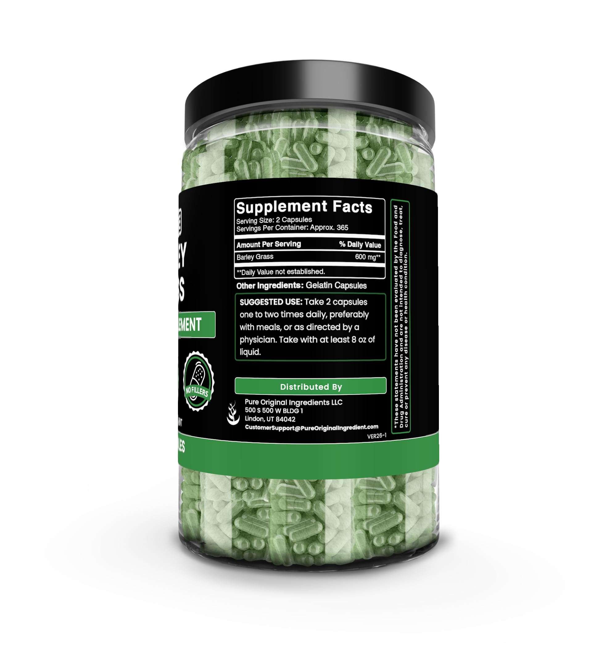 PURE ORIGINAL INGREDIENTS Barley Grass Capsules bottle with label