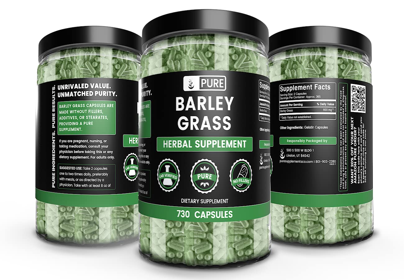 PURE ORIGINAL INGREDIENTS Barley Grass Capsules close-up of capsules
