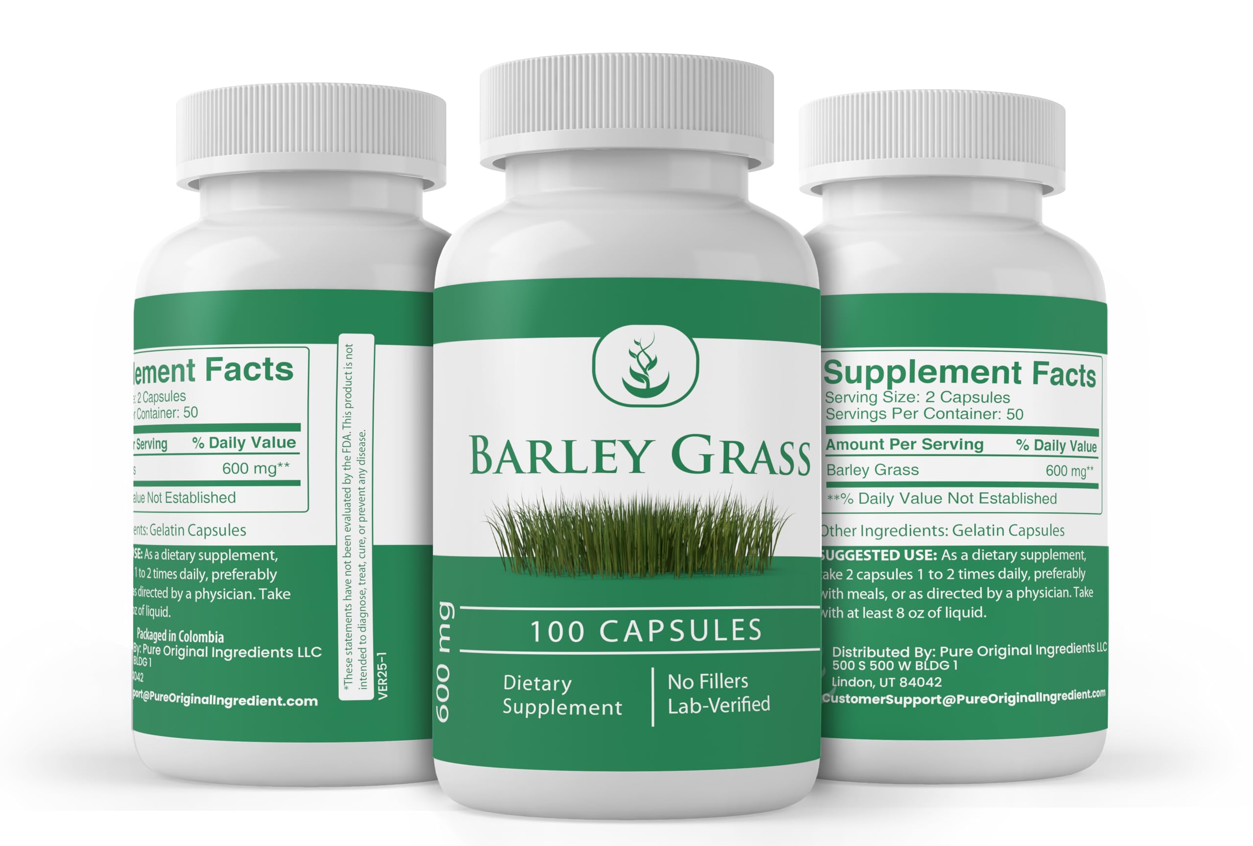 PURE ORIGINAL INGREDIENTS Barley Grass Capsules on a wooden table