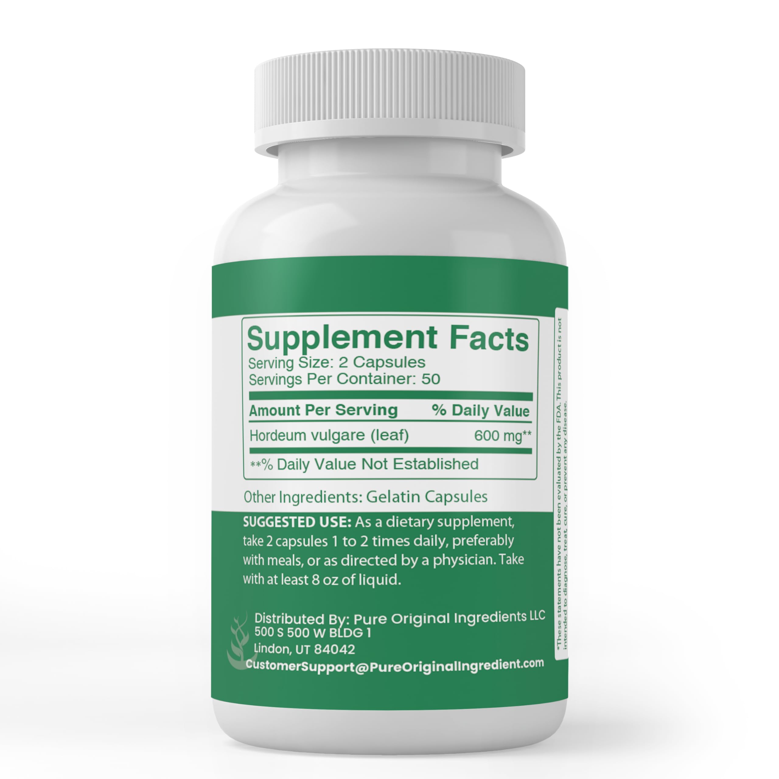 PURE ORIGINAL INGREDIENTS Barley Grass Capsules side view