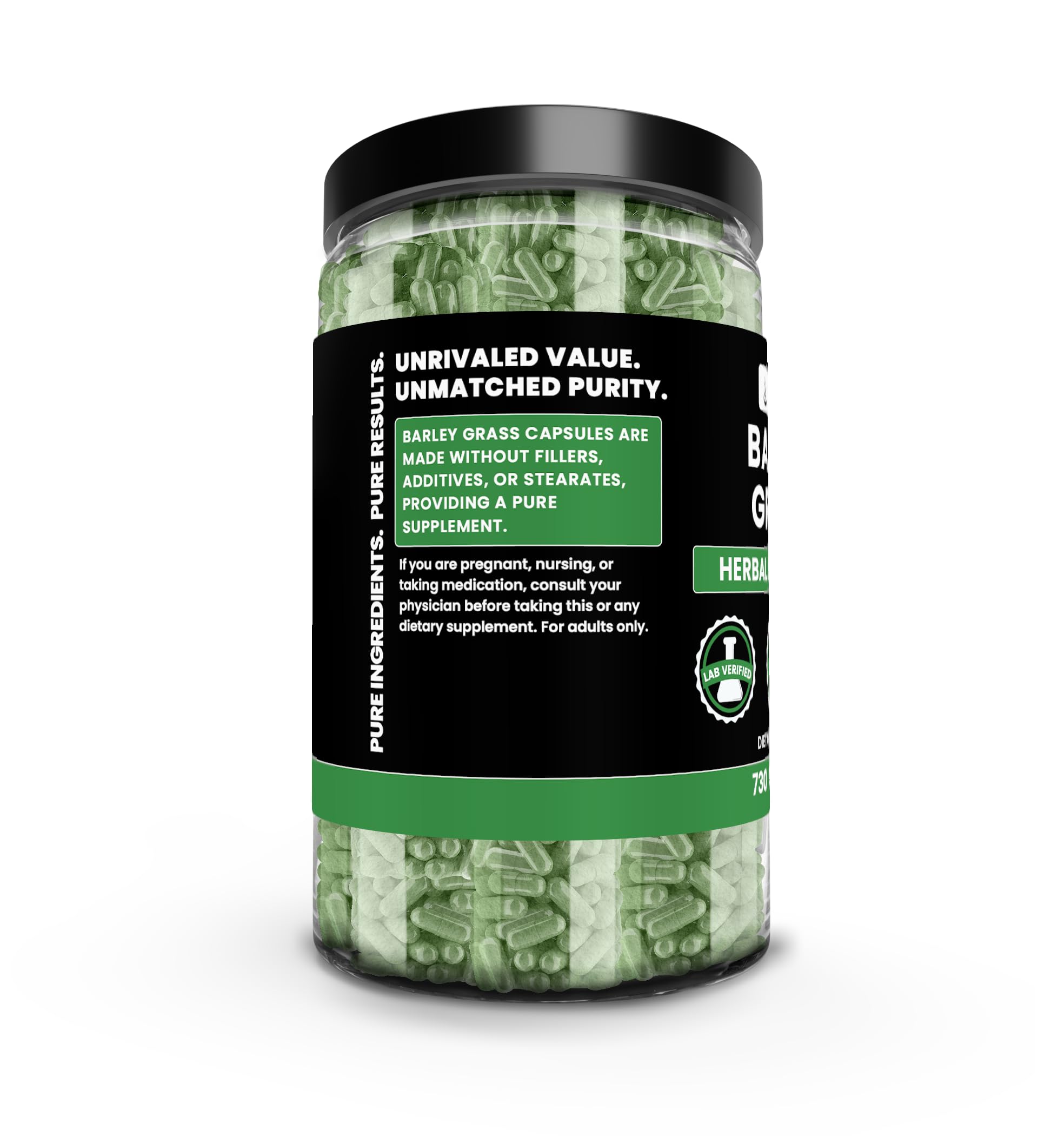 PURE ORIGINAL INGREDIENTS Barley Grass Capsules side view