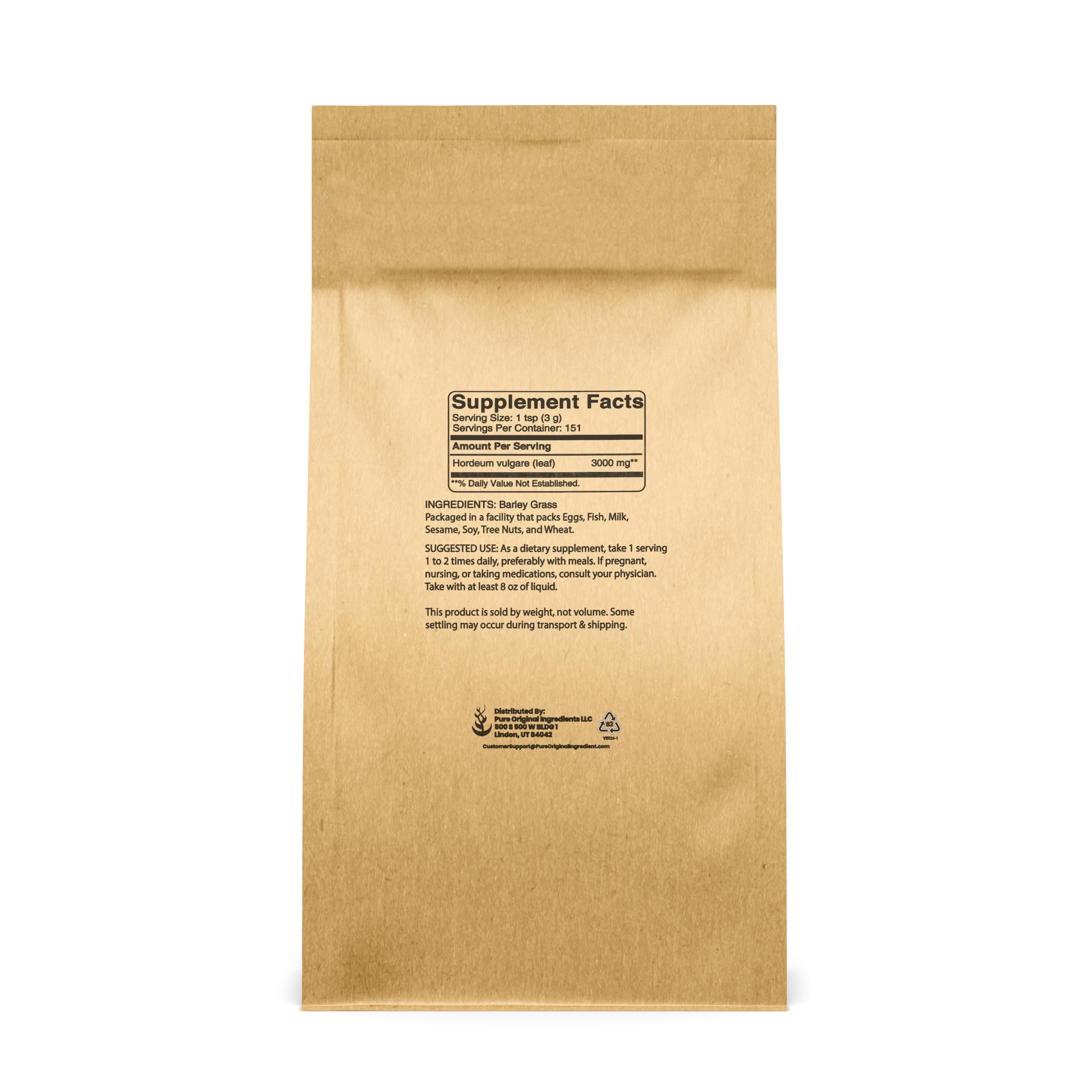 PURE ORIGINAL INGREDIENTS Barley Grass Powder side view with nutritional information