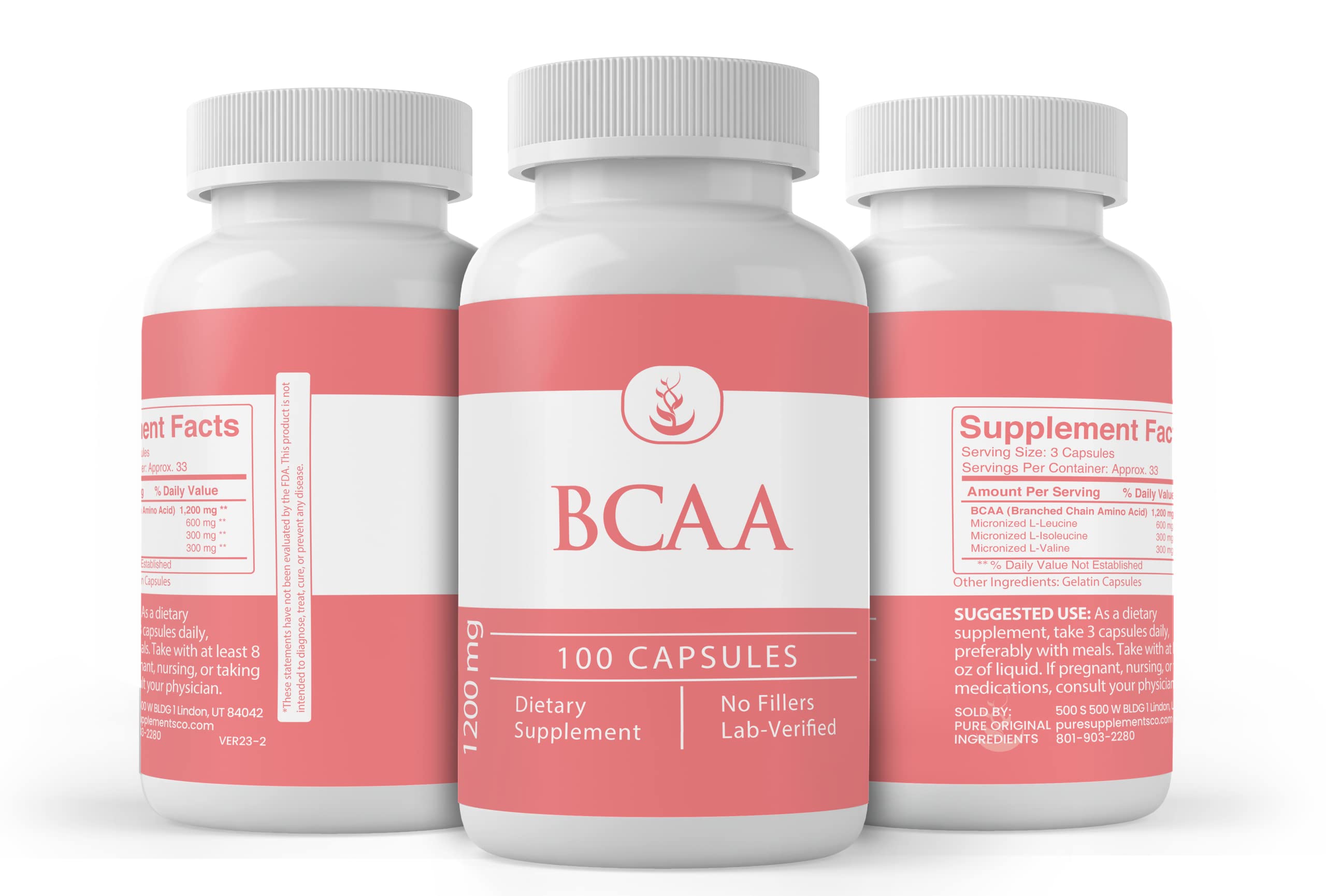 PURE ORIGINAL INGREDIENTS BCAA Capsules on a wooden table