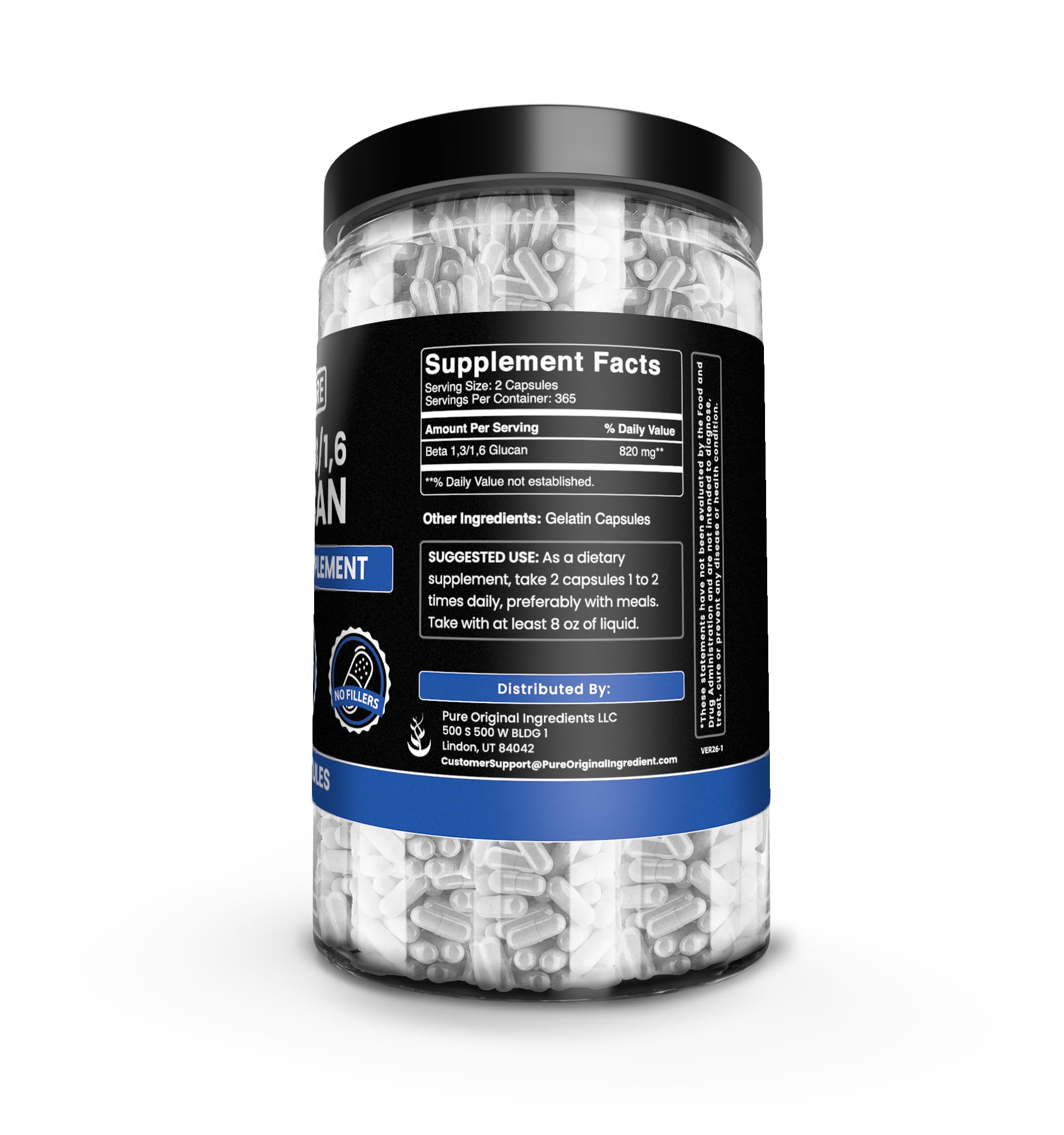 PURE ORIGINAL INGREDIENTS Beta Glucan Capsules 500g back view