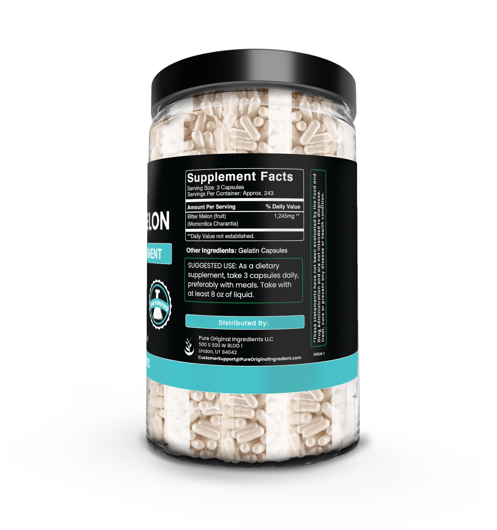 PURE ORIGINAL INGREDIENTS Bitter Melon Capsules bottle with label