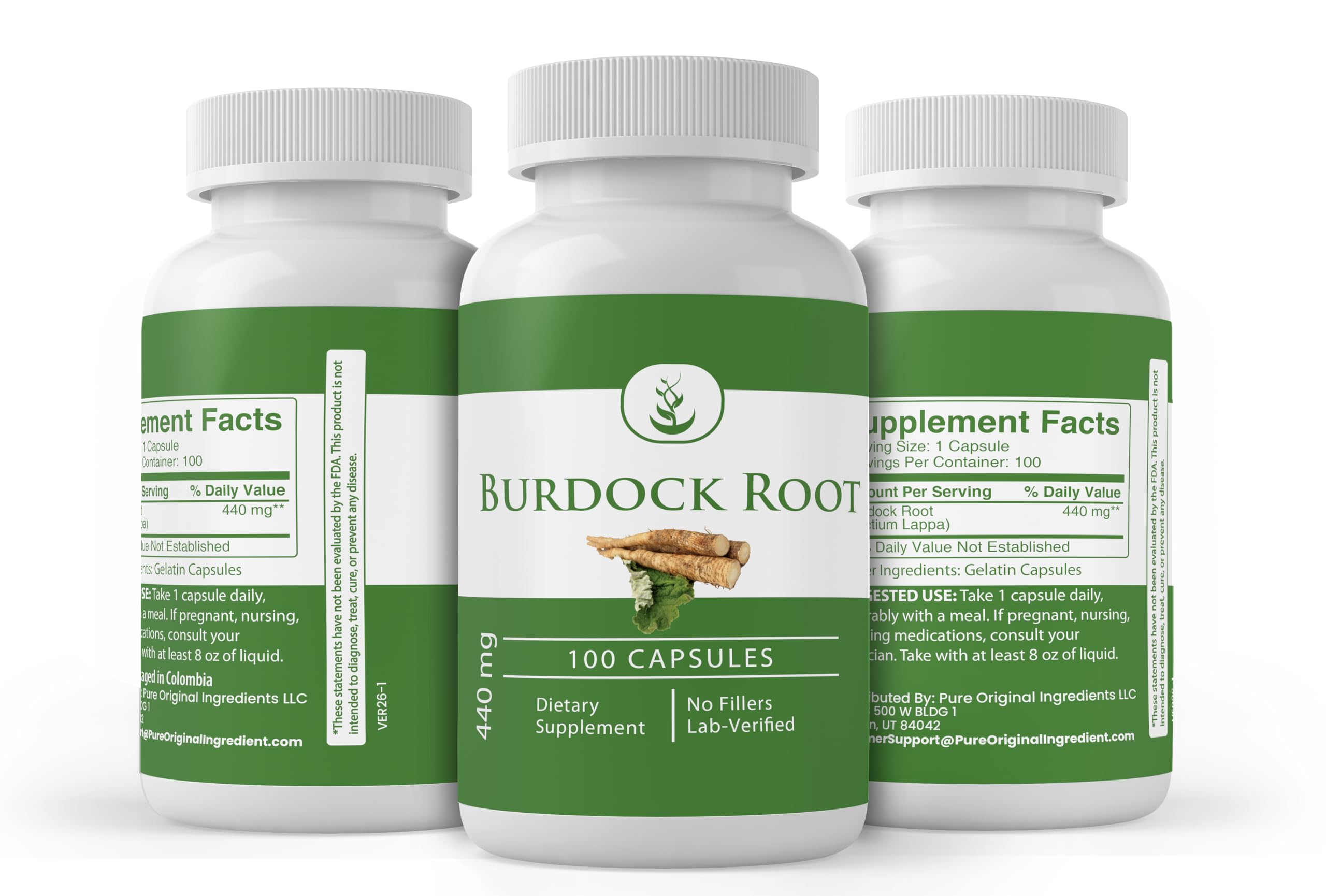 PURE ORIGINAL INGREDIENTS Burdock Root Capsules with a measuring spoon