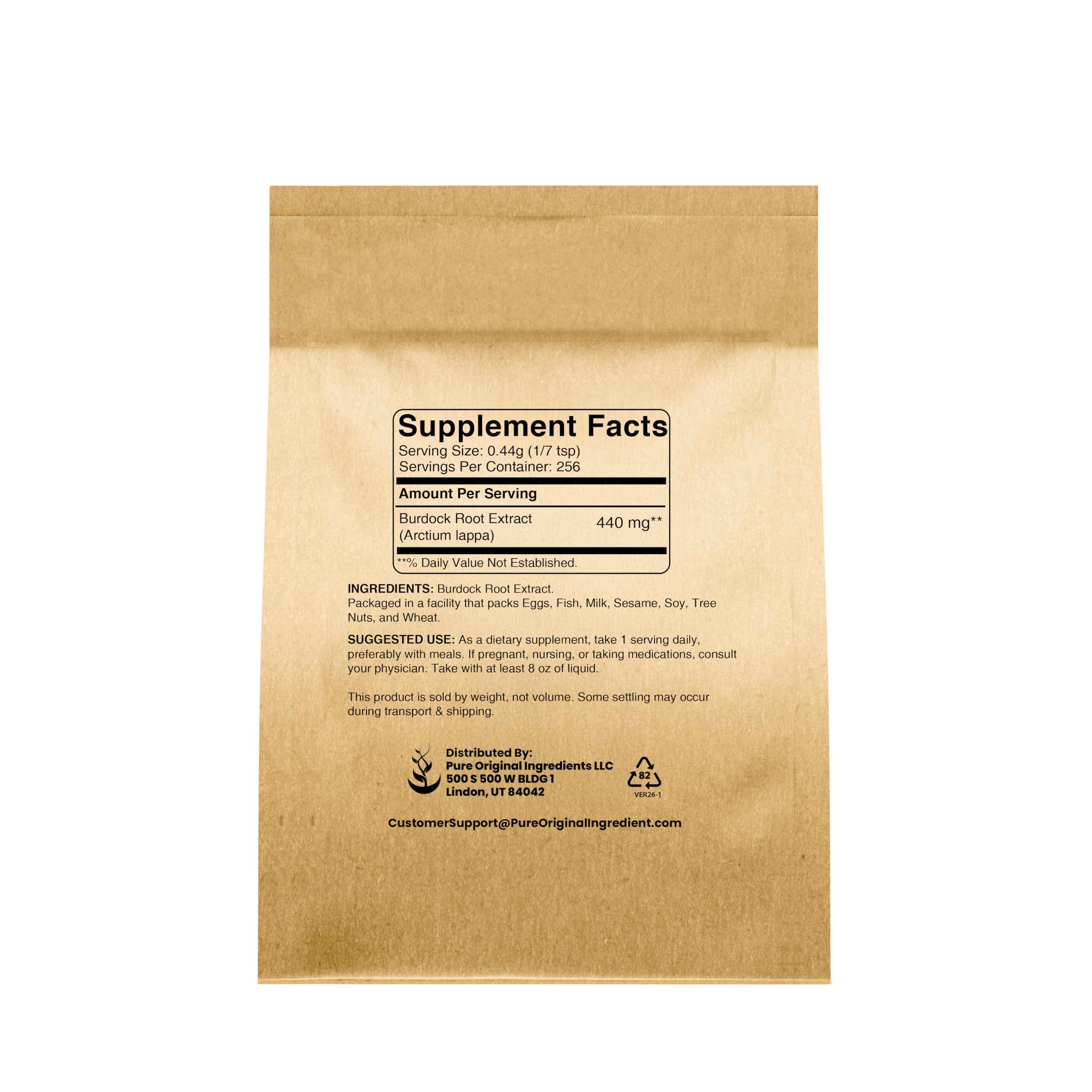 PURE ORIGINAL INGREDIENTS Burdock Root Extract Powder back view with ingredient details