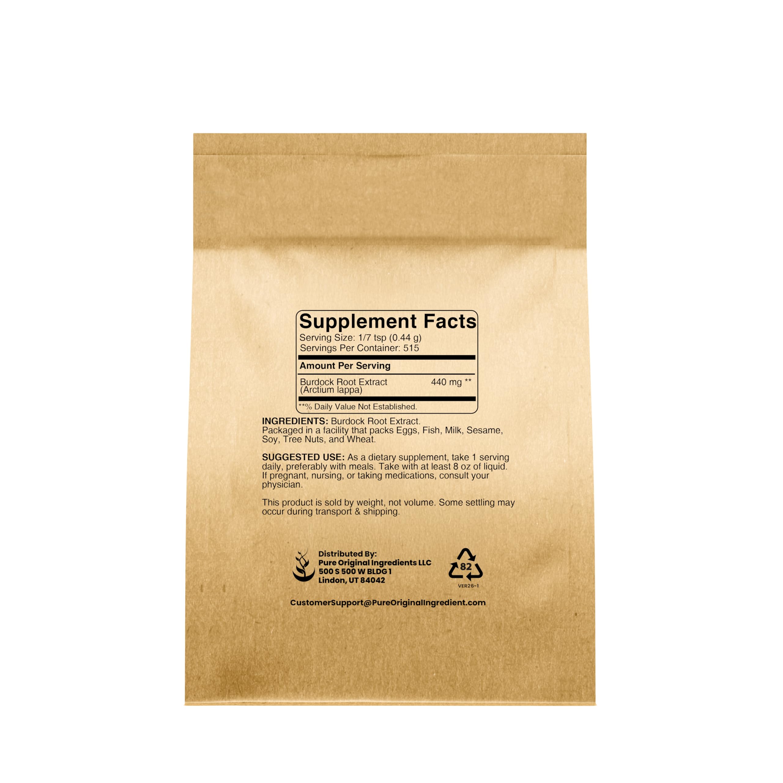 PURE ORIGINAL INGREDIENTS Burdock Root Extract Powder side view with label