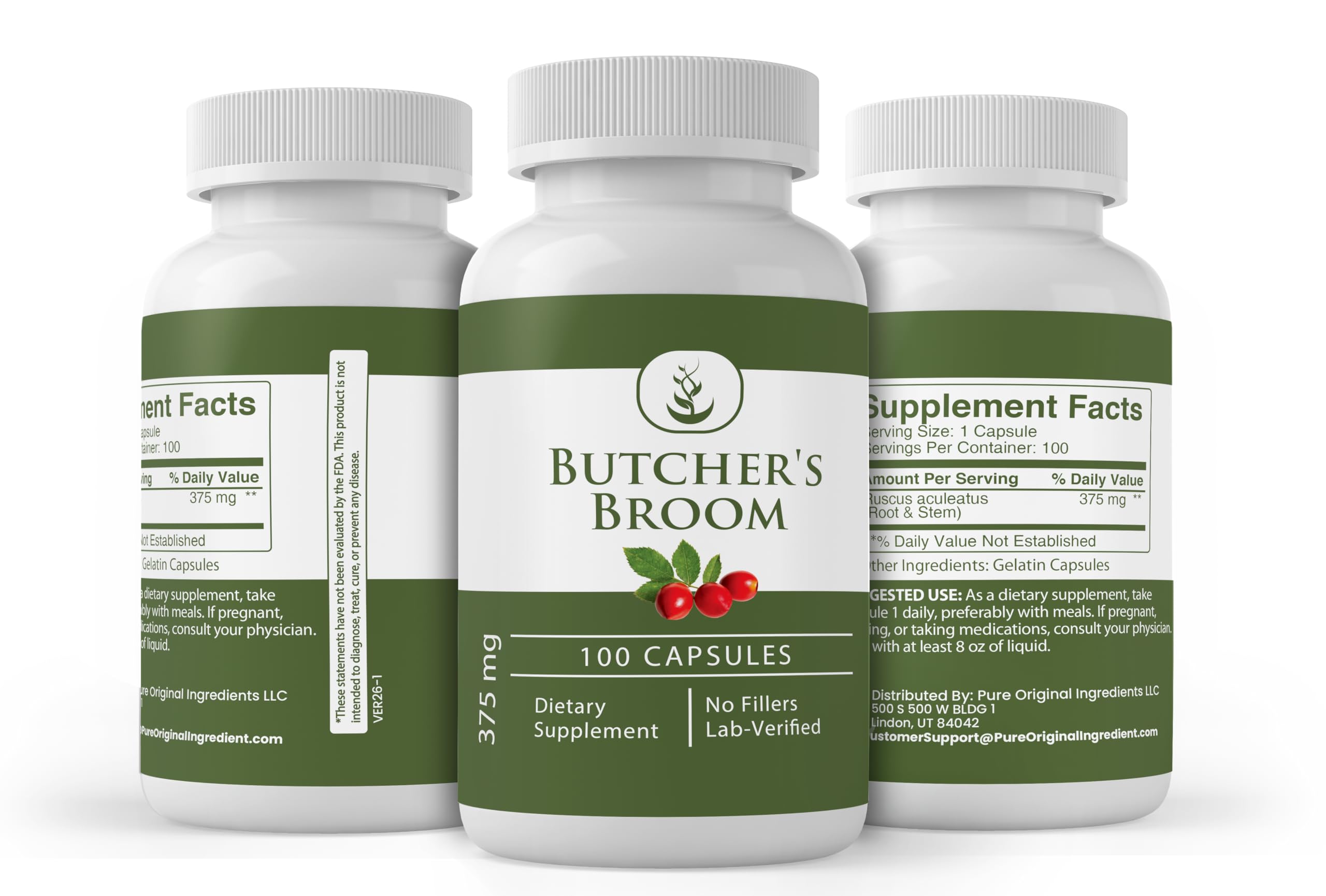 PURE ORIGINAL INGREDIENTS Butcher's Broom Capsules with dosage information