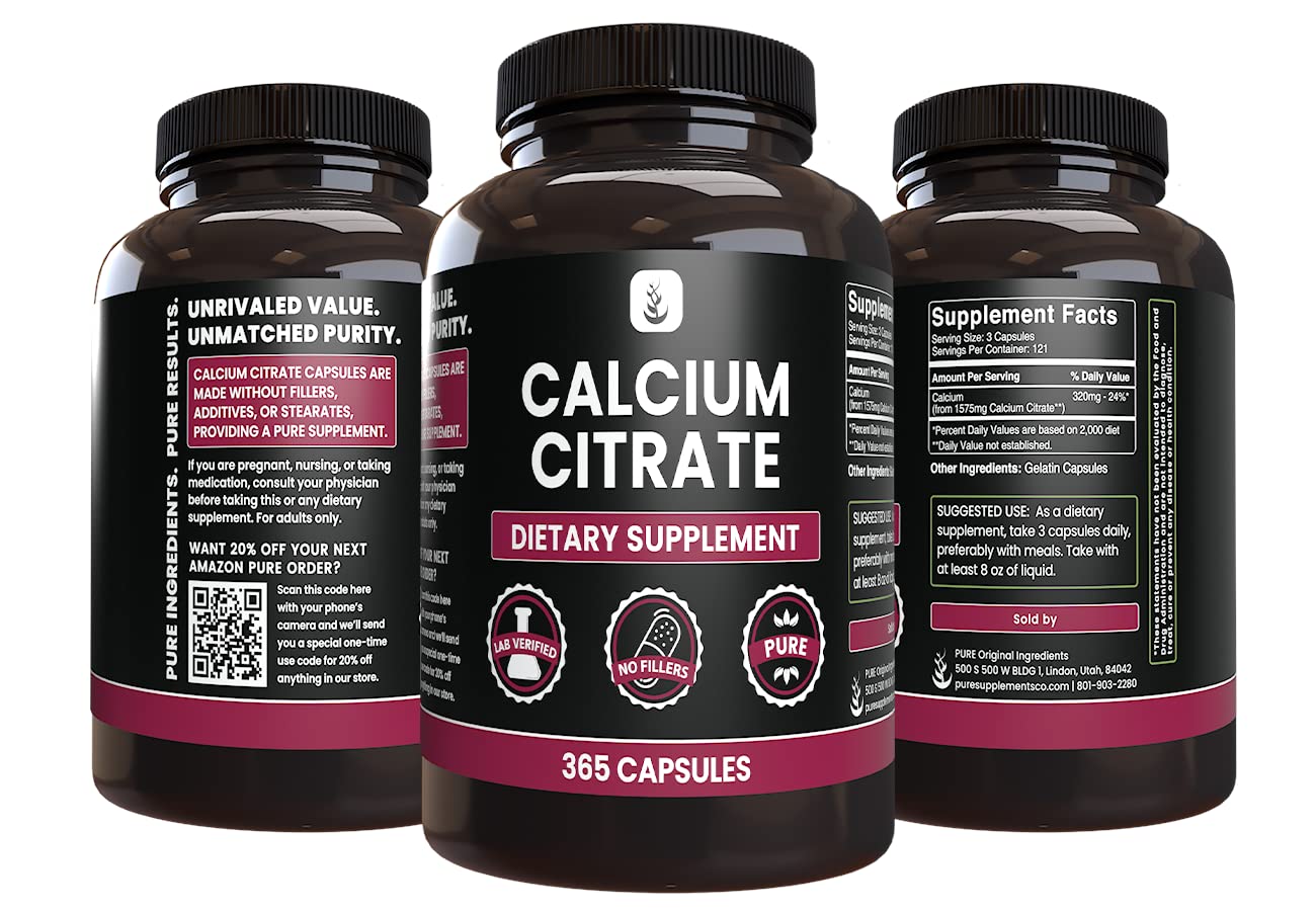 PURE ORIGINAL INGREDIENTS Calcium Citrate Capsules back view with ingredients