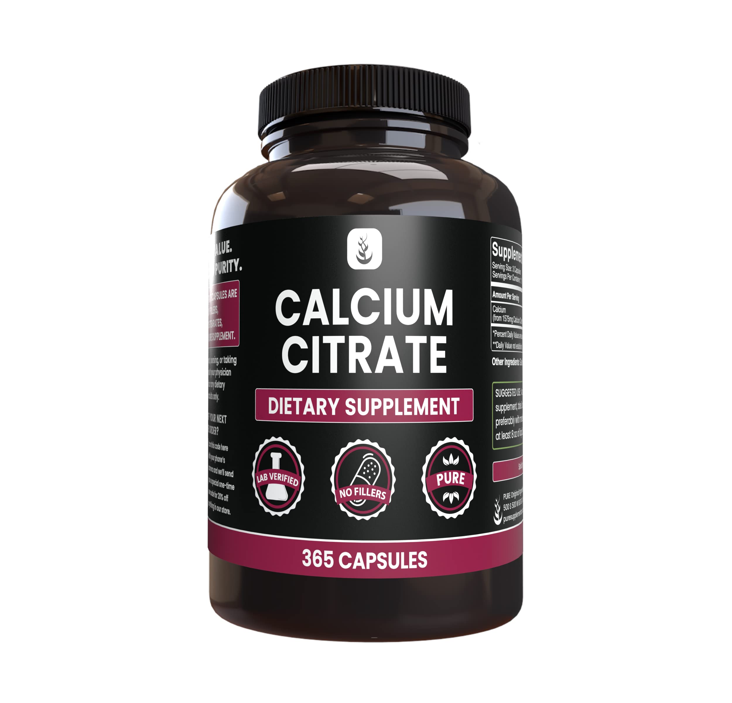 PURE ORIGINAL INGREDIENTS Calcium Citrate Capsules bottle front view