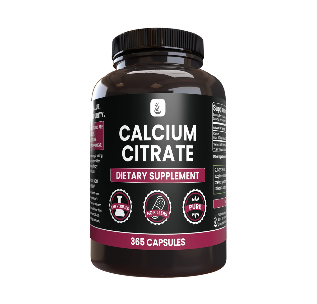 PURE ORIGINAL INGREDIENTS Calcium Citrate Capsules bottle front view