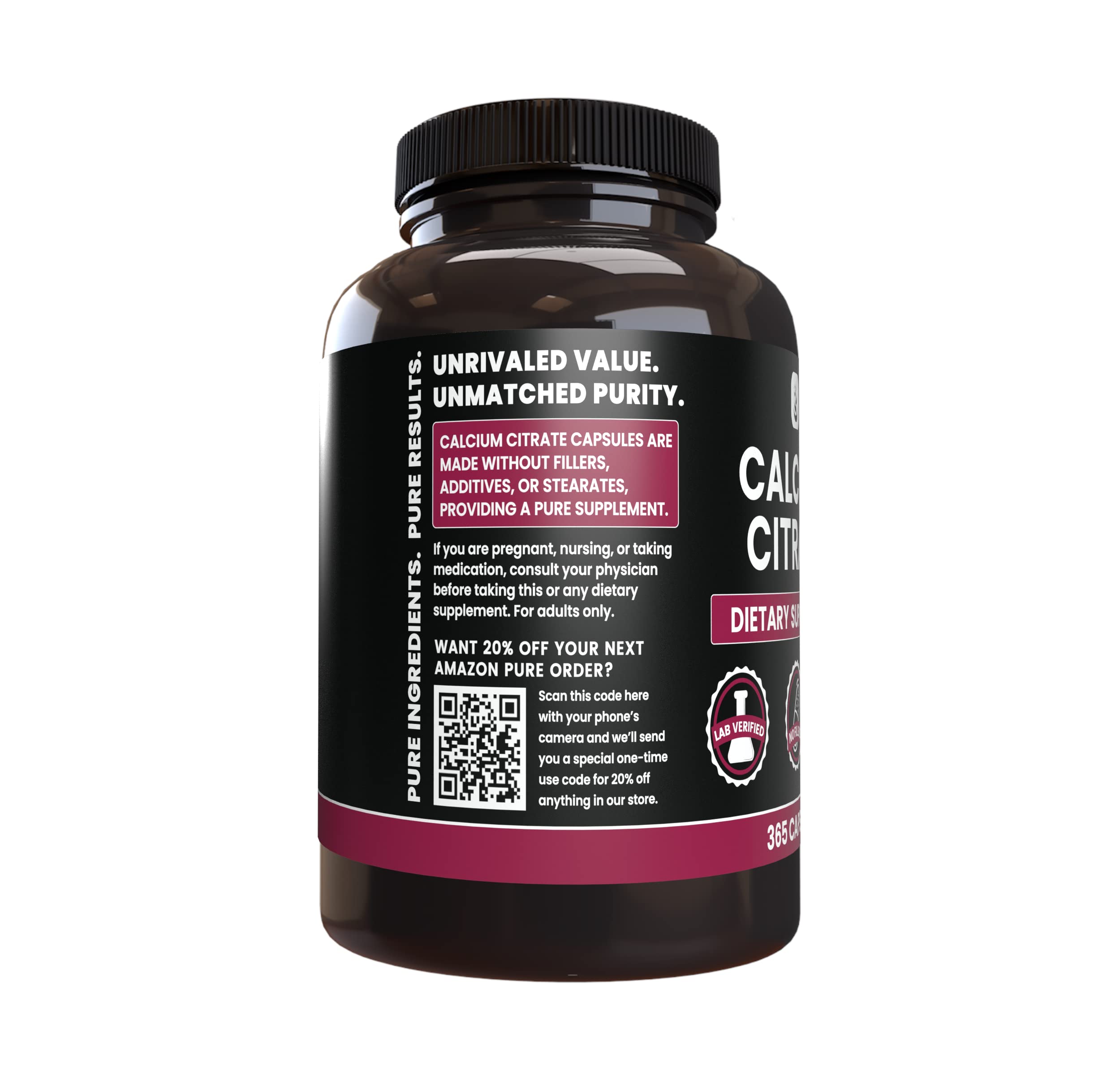 PURE ORIGINAL INGREDIENTS Calcium Citrate Capsules side view with label