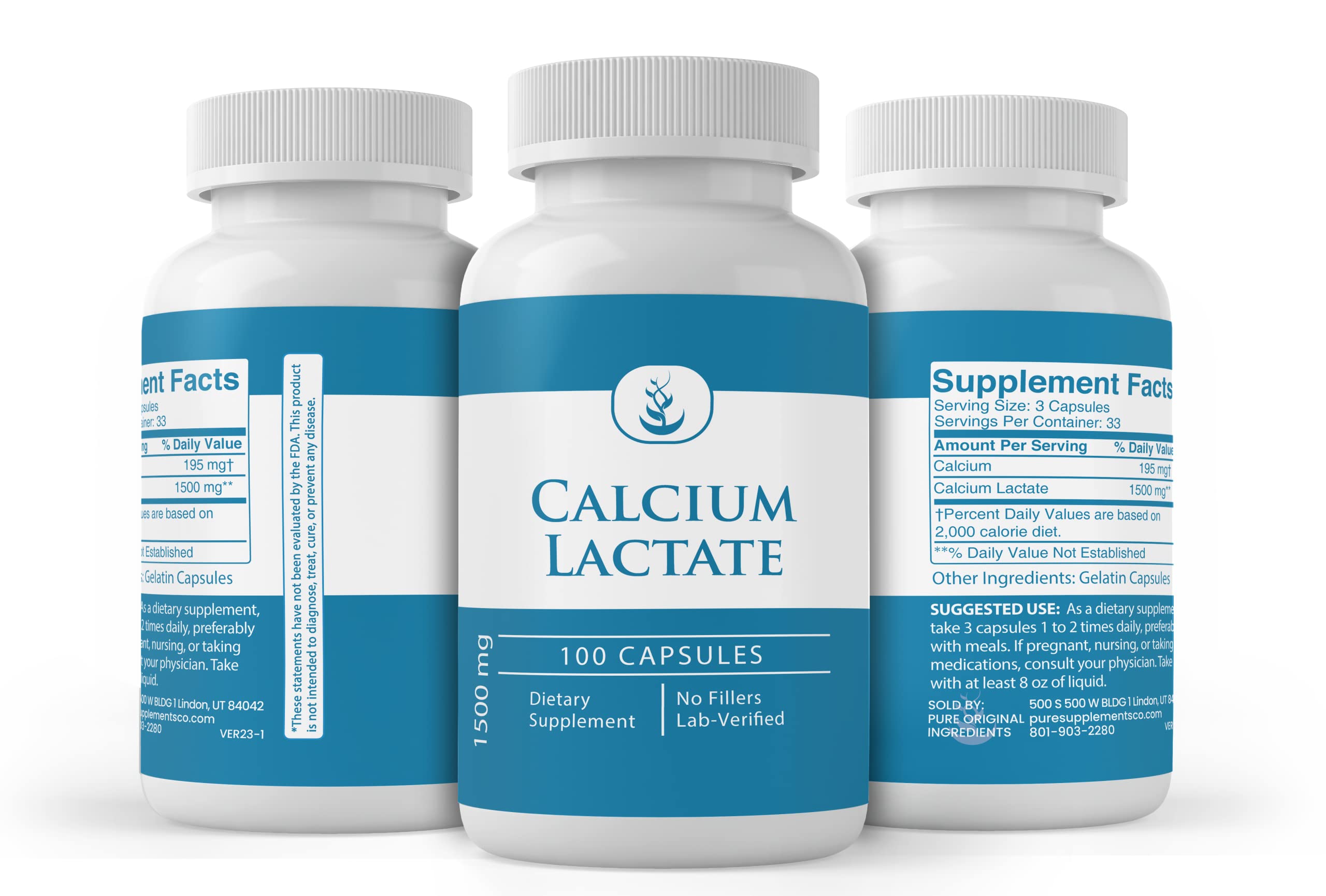PURE ORIGINAL INGREDIENTS Calcium Lactate Capsules on a wooden table