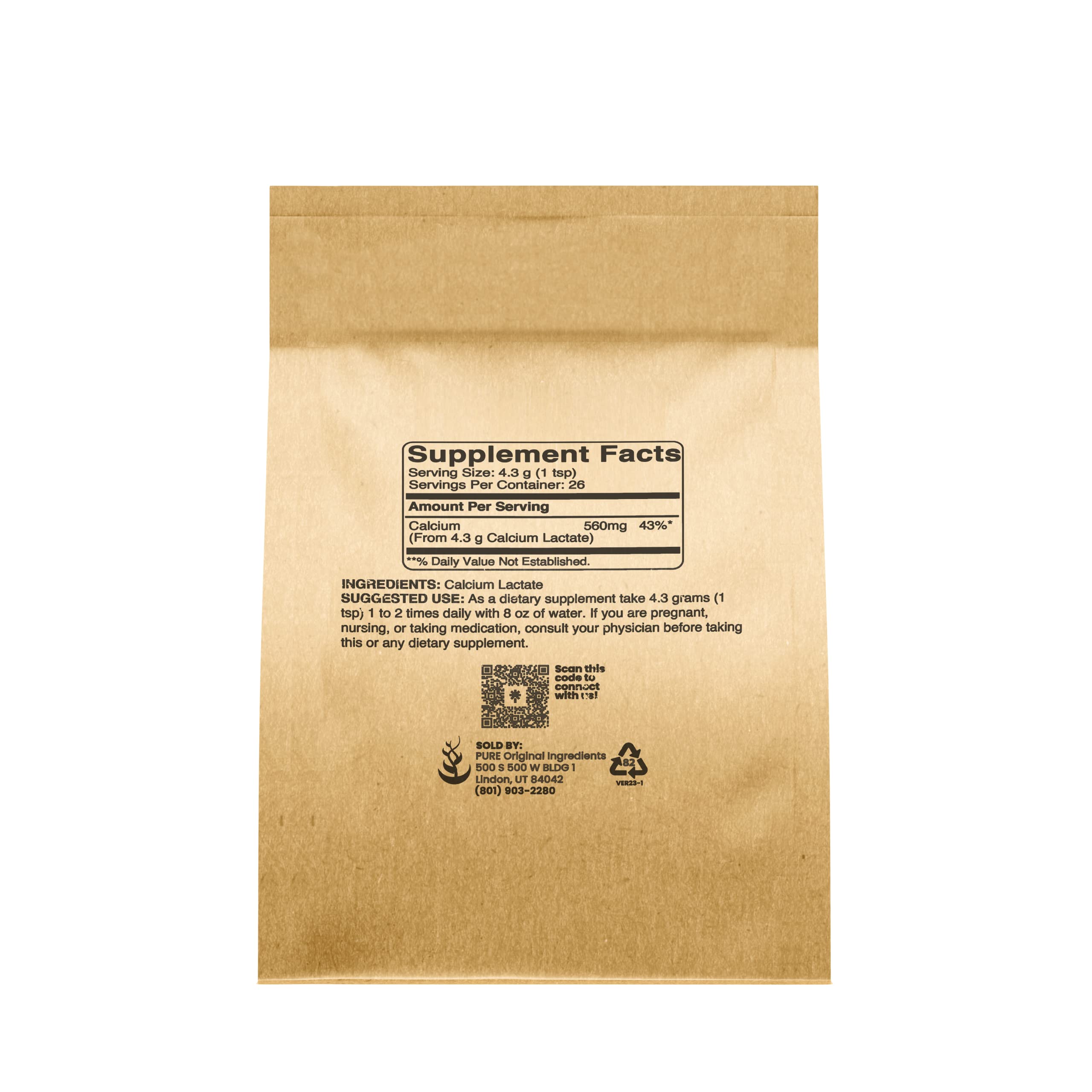 PURE ORIGINAL INGREDIENTS Calcium Lactate Powder side view with label