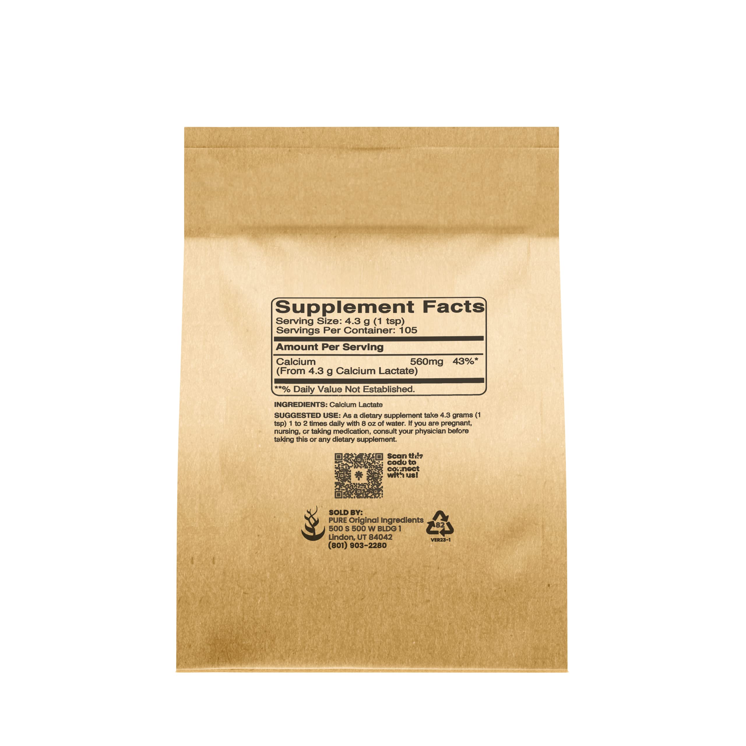PURE ORIGINAL INGREDIENTS Calcium Lactate Powder side view with label