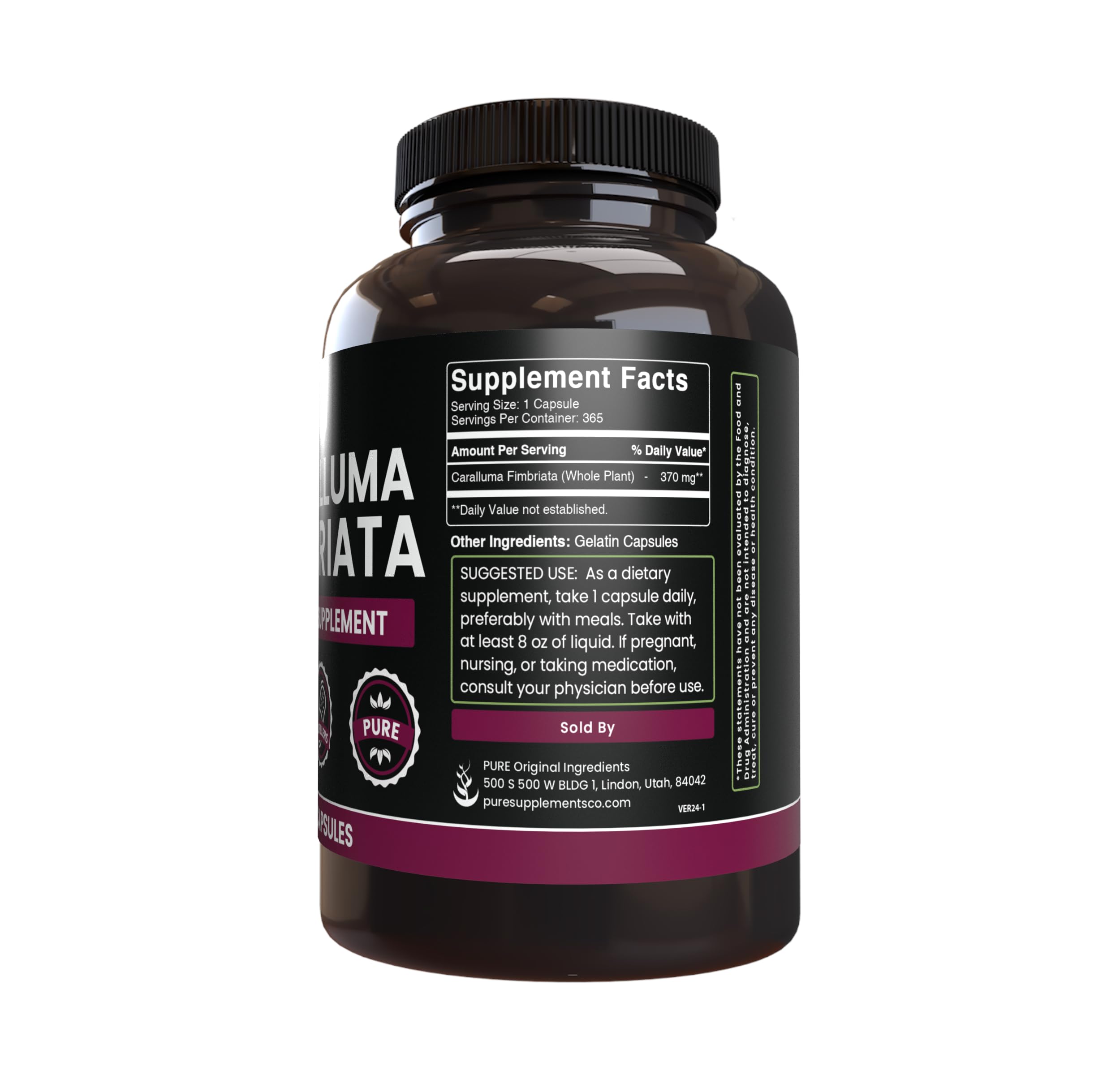 PURE ORIGINAL INGREDIENTS Caralluma Fimbriata Capsules bottle with label