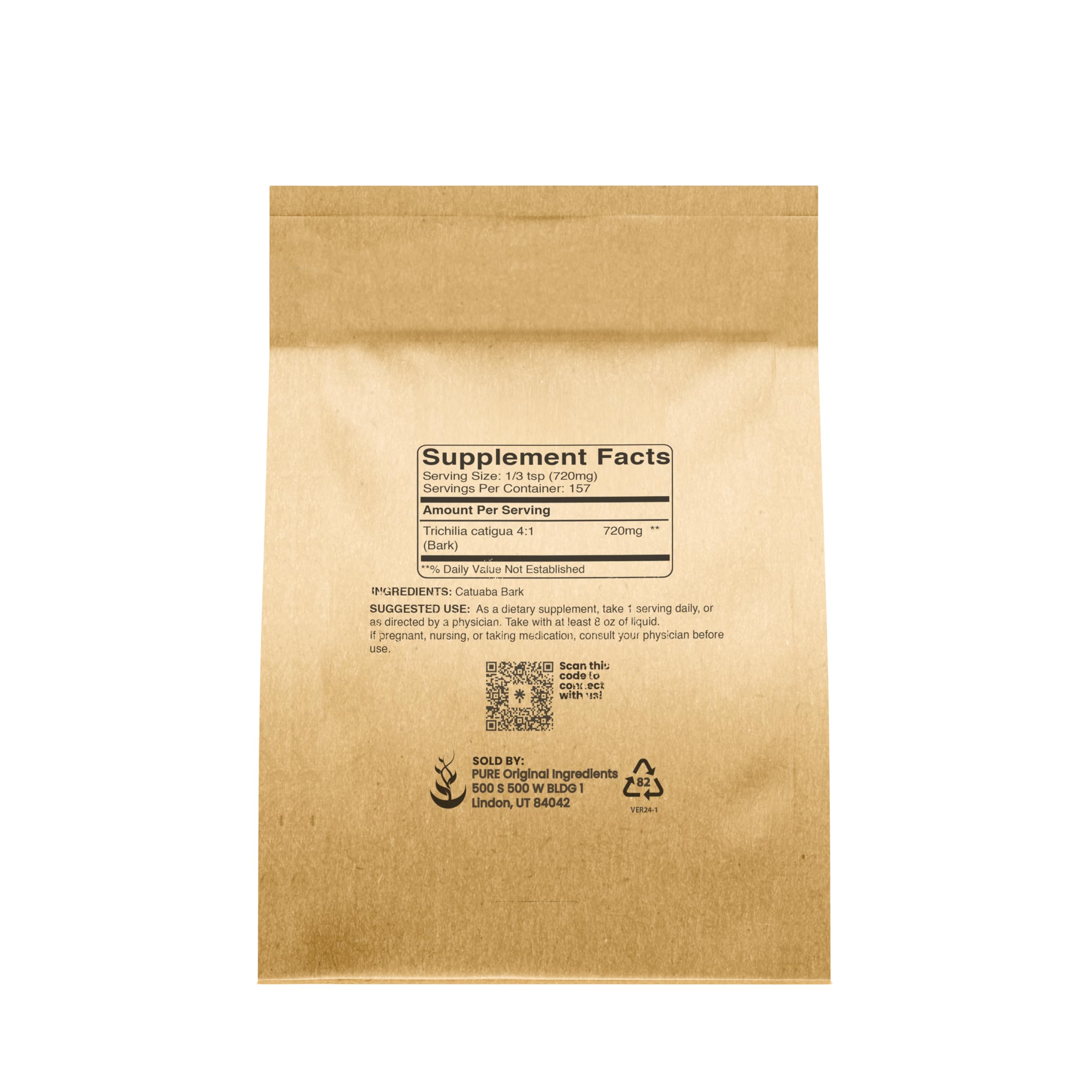 PURE ORIGINAL INGREDIENTS Catuaba Bark Extract Powder back view packaging