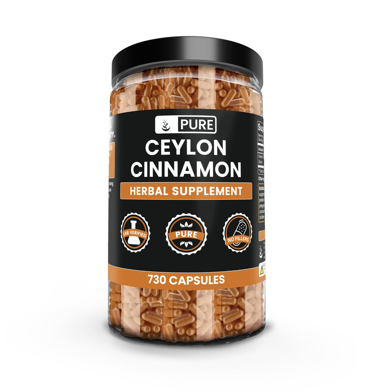 PURE ORIGINAL INGREDIENTS Ceylon Cinnamon Capsules bottle front view