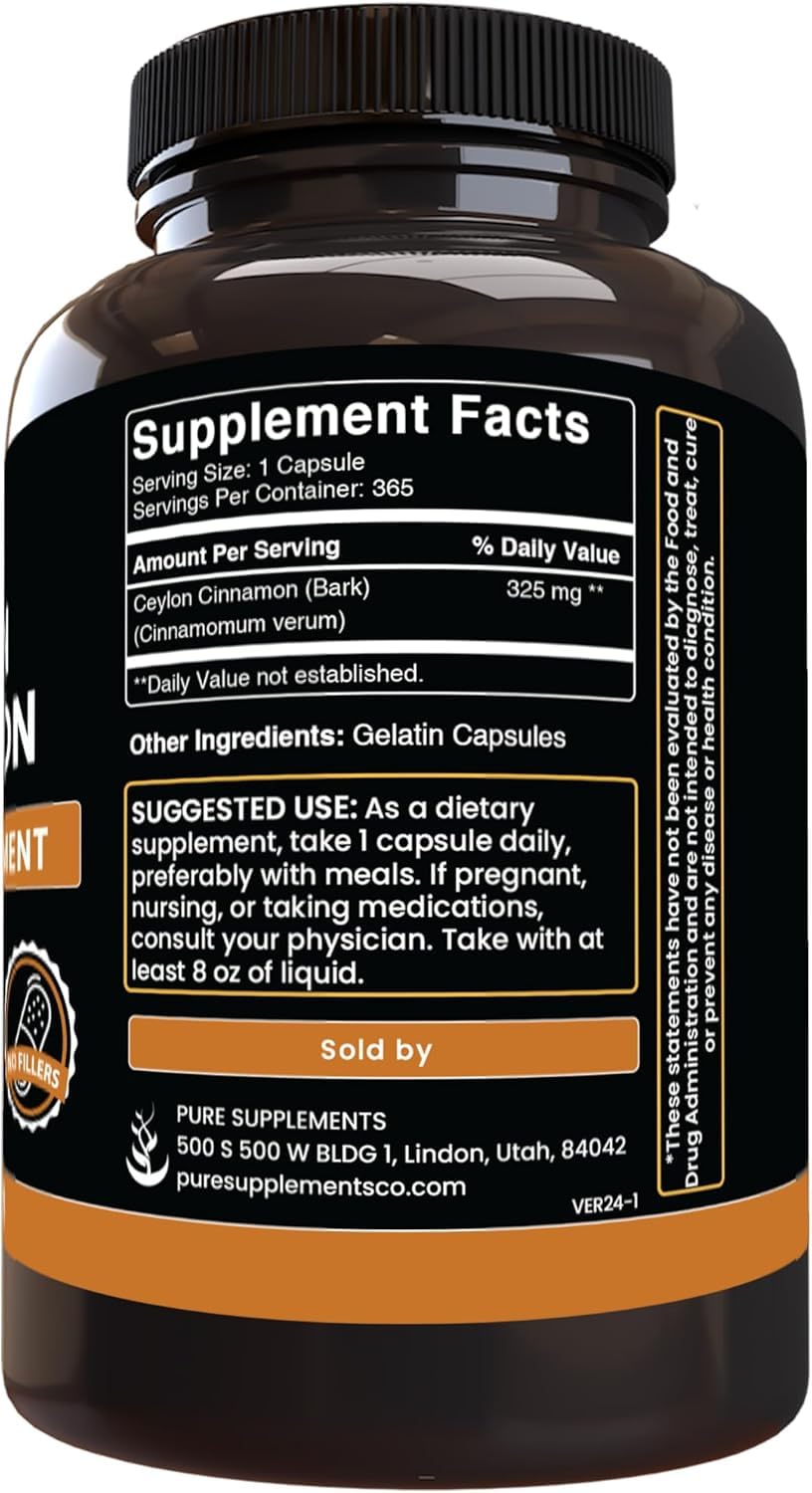 PURE ORIGINAL INGREDIENTS Ceylon Cinnamon Capsules bottle side view