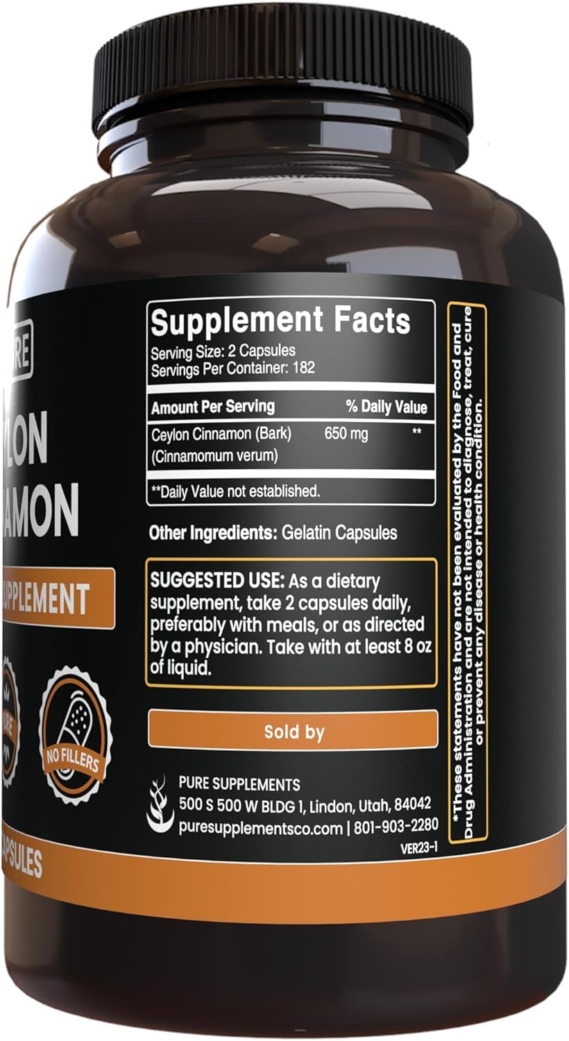 PURE ORIGINAL INGREDIENTS Ceylon Cinnamon Capsules label close-up