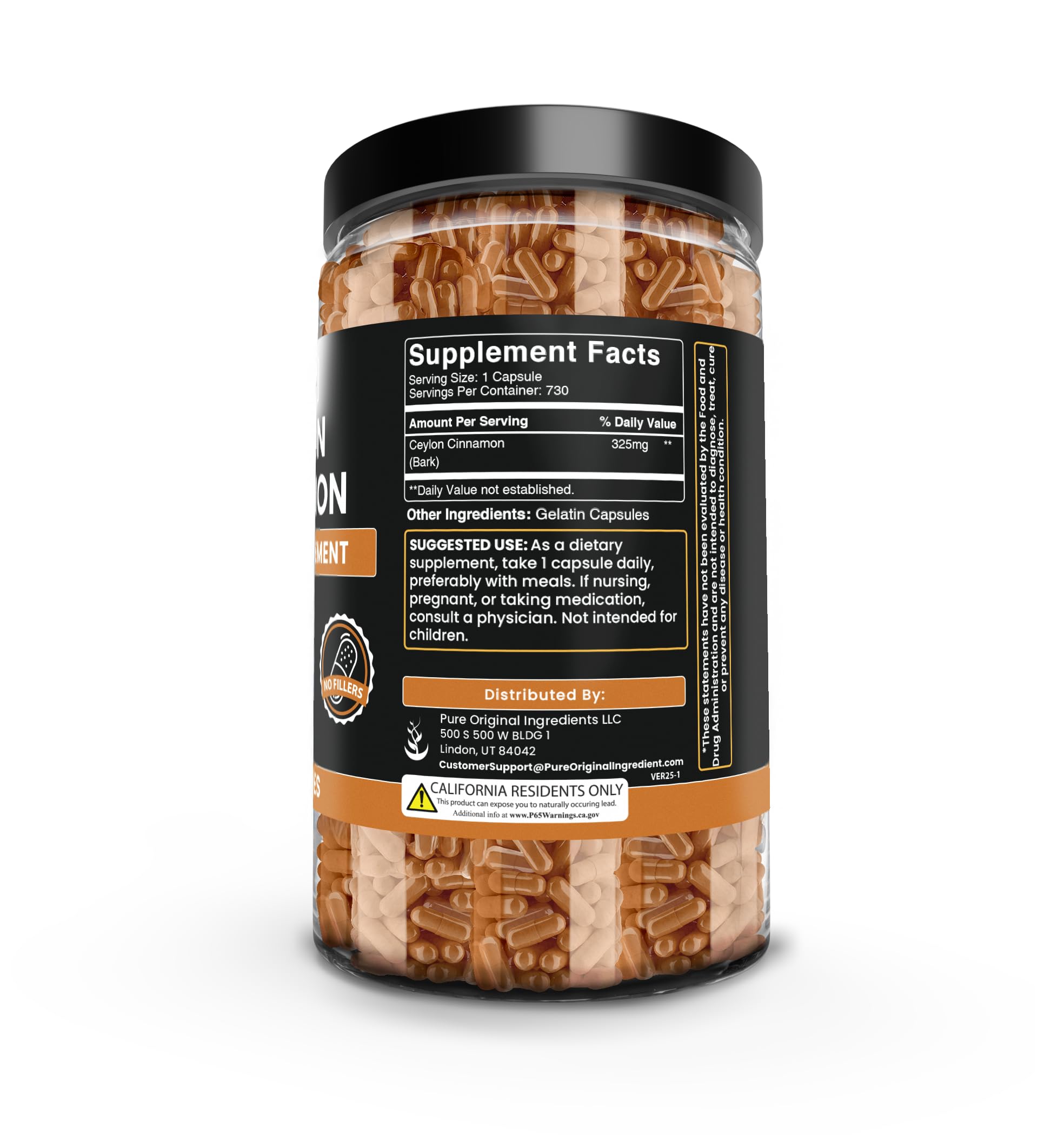 PURE ORIGINAL INGREDIENTS Ceylon Cinnamon Capsules side view