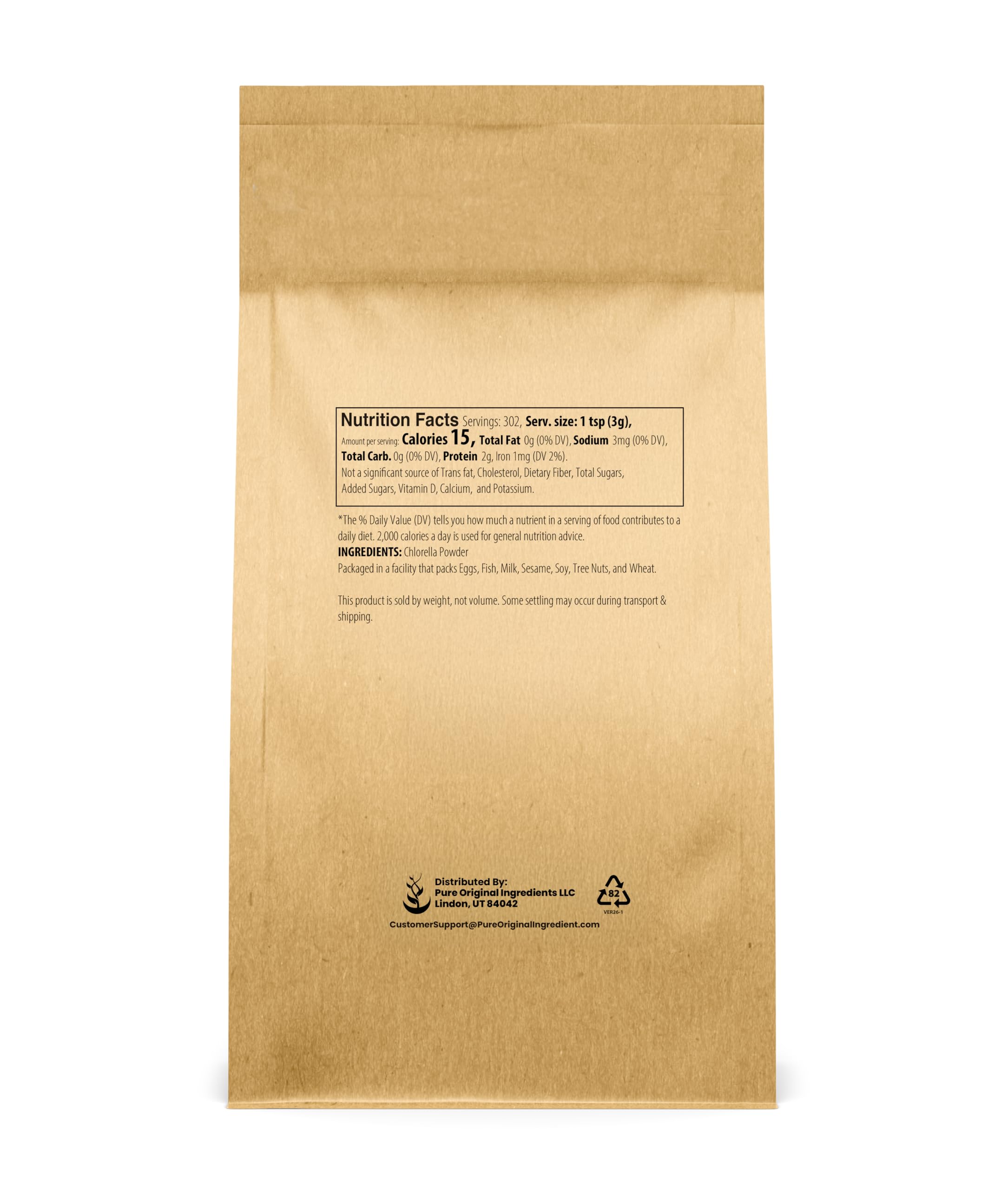 PURE ORIGINAL INGREDIENTS Chlorella Powder back view with nutritional information