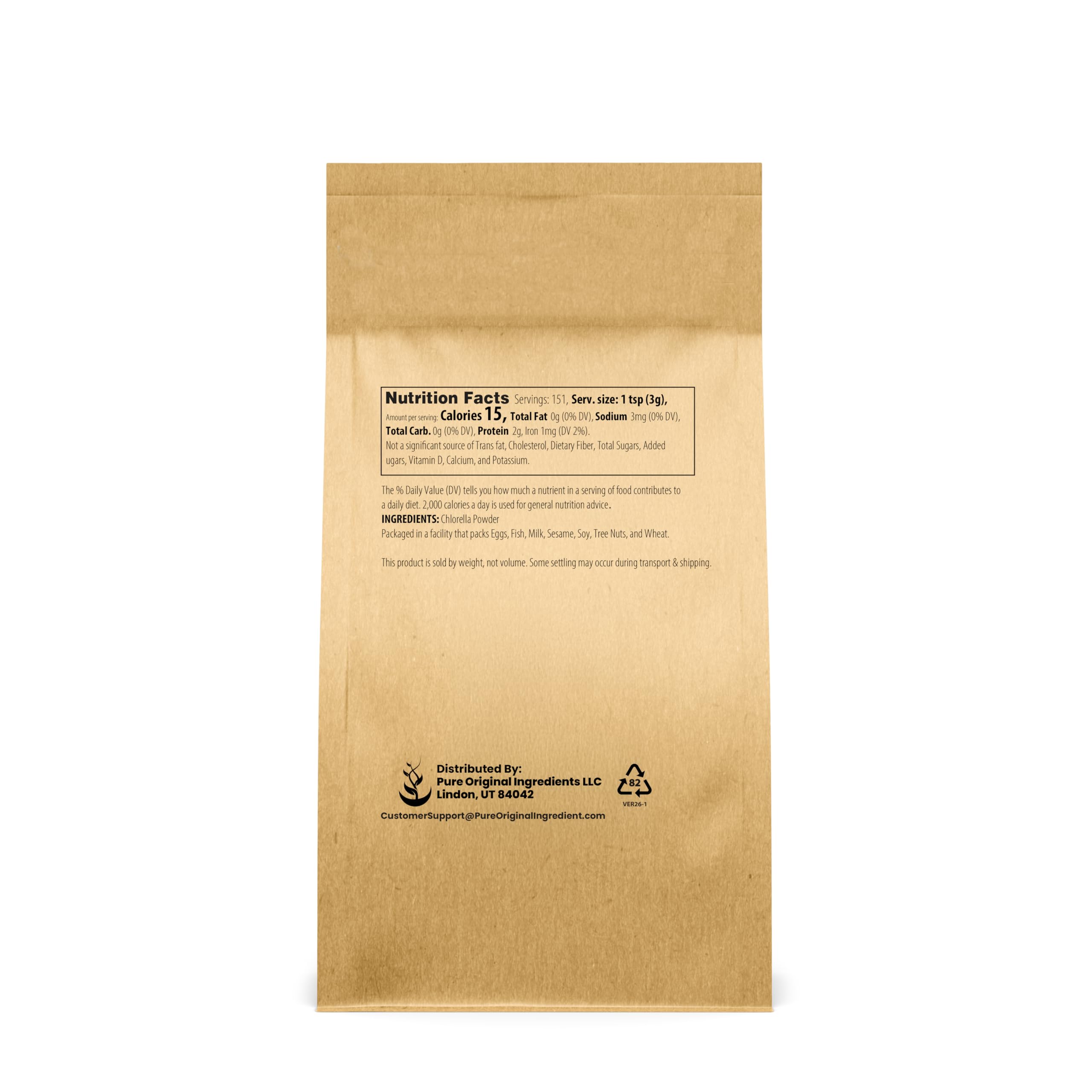 PURE ORIGINAL INGREDIENTS Chlorella Powder side view showing ingredients
