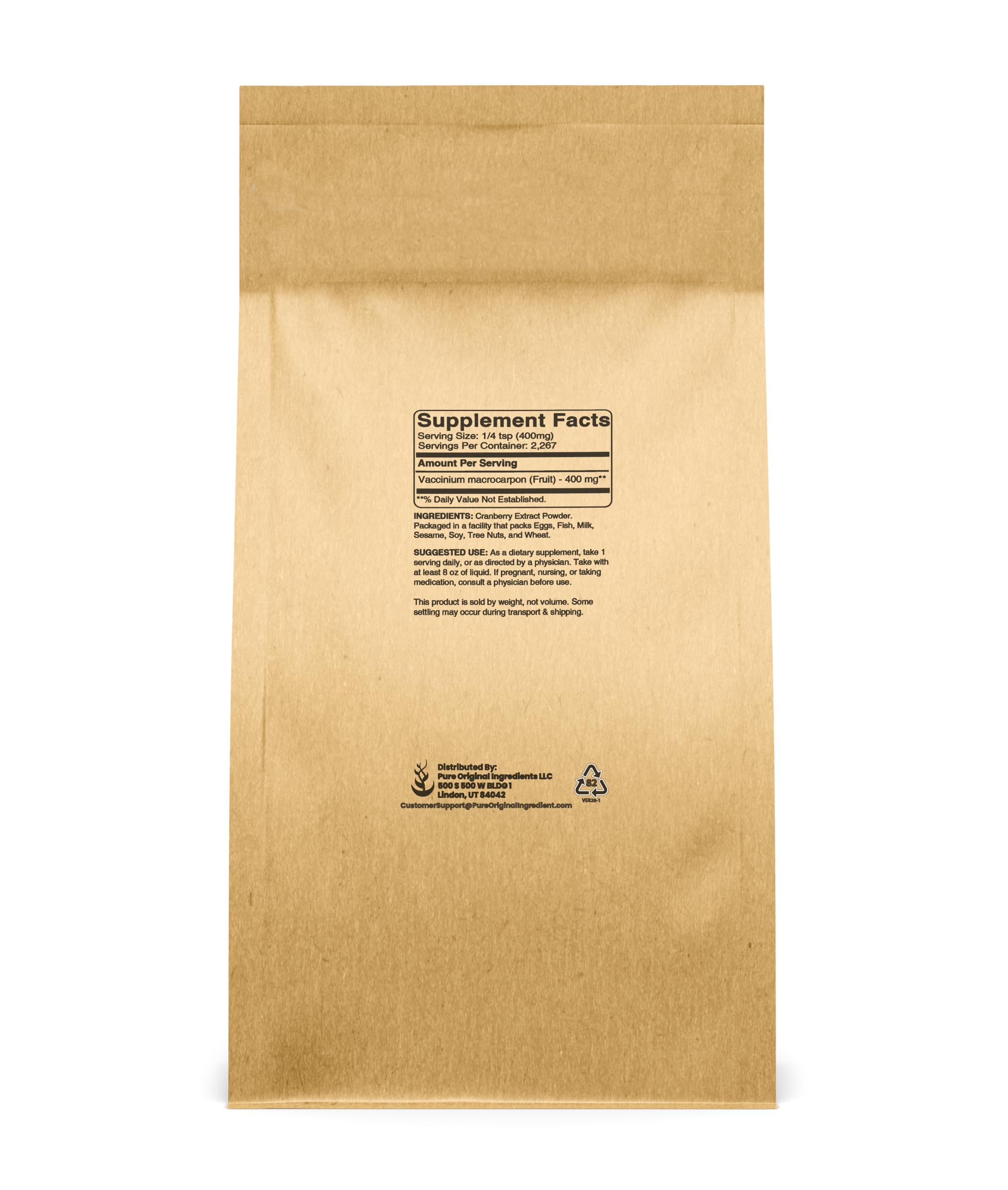 PURE ORIGINAL INGREDIENTS Cranberry Extract Powder side view with nutritional information