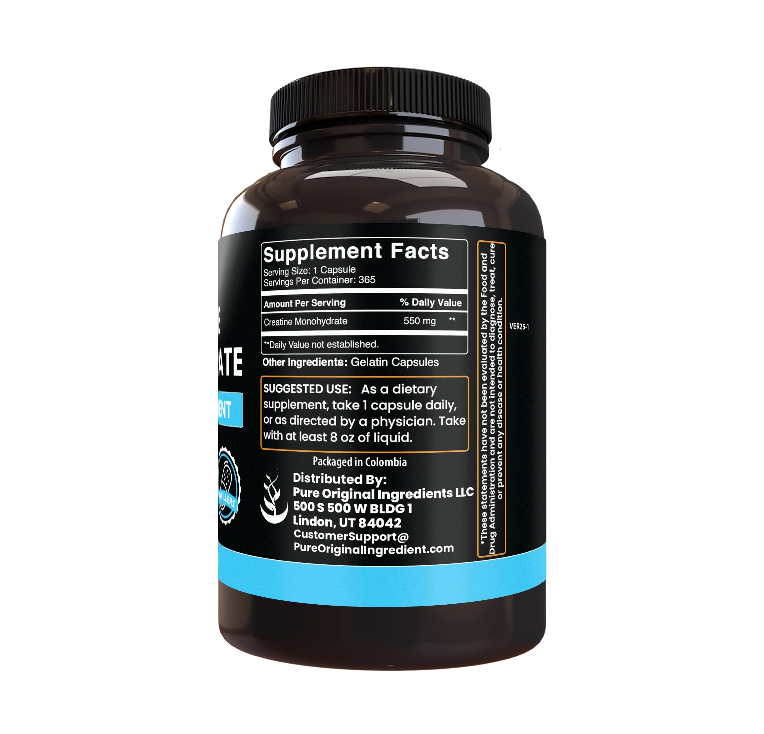 PURE ORIGINAL INGREDIENTS Creatine Monohydrate Capsules side view