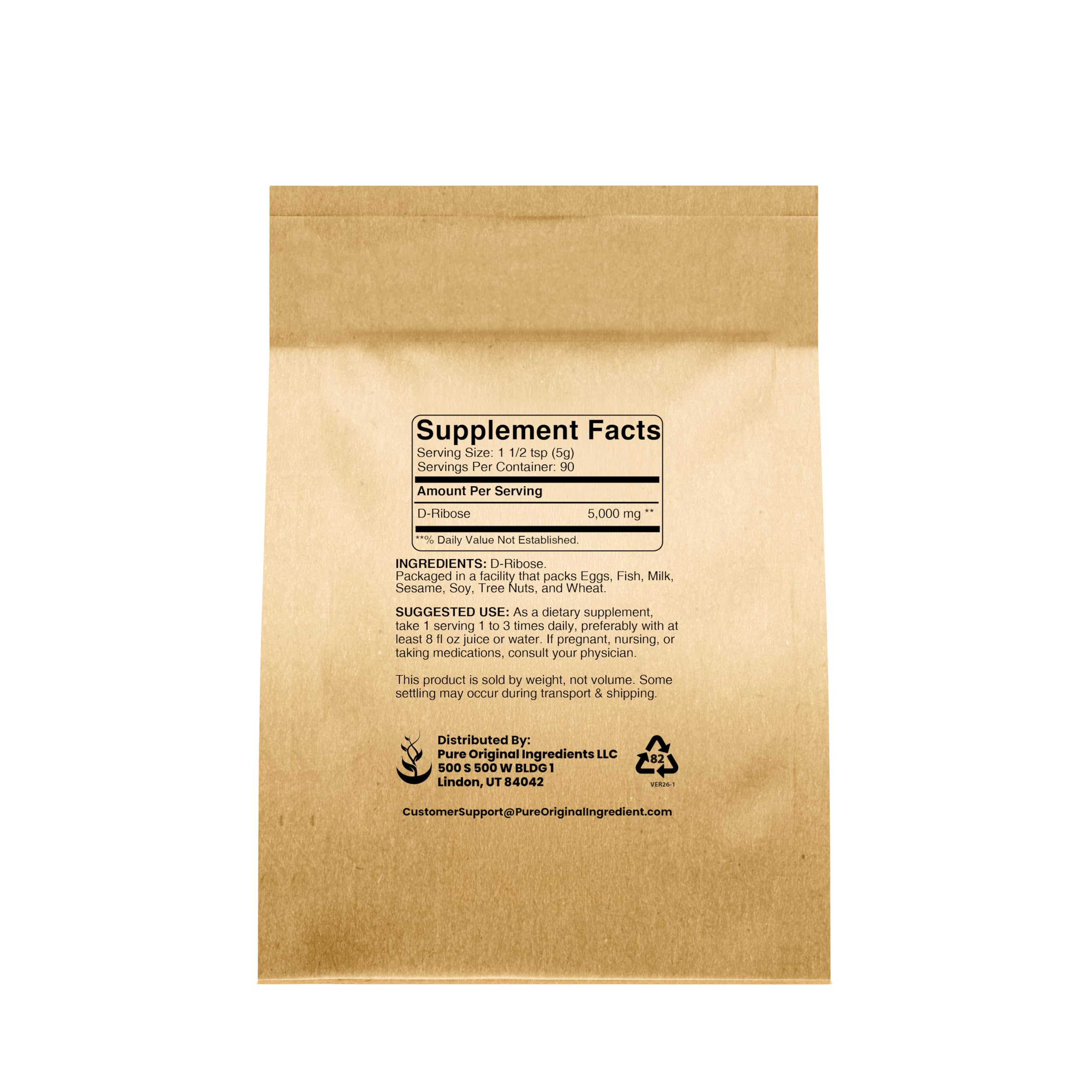 PURE ORIGINAL INGREDIENTS D-Ribose Powder side view showing details
