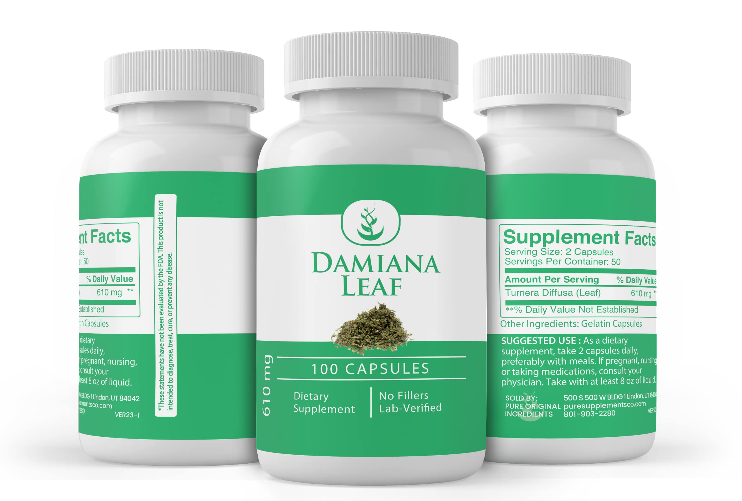 PURE ORIGINAL INGREDIENTS Damiana Leaf Capsules with a measuring spoon