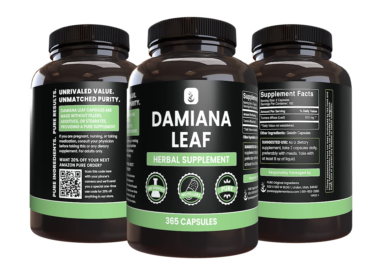 PURE ORIGINAL INGREDIENTS Damiana Leaf Capsules with a measuring spoon