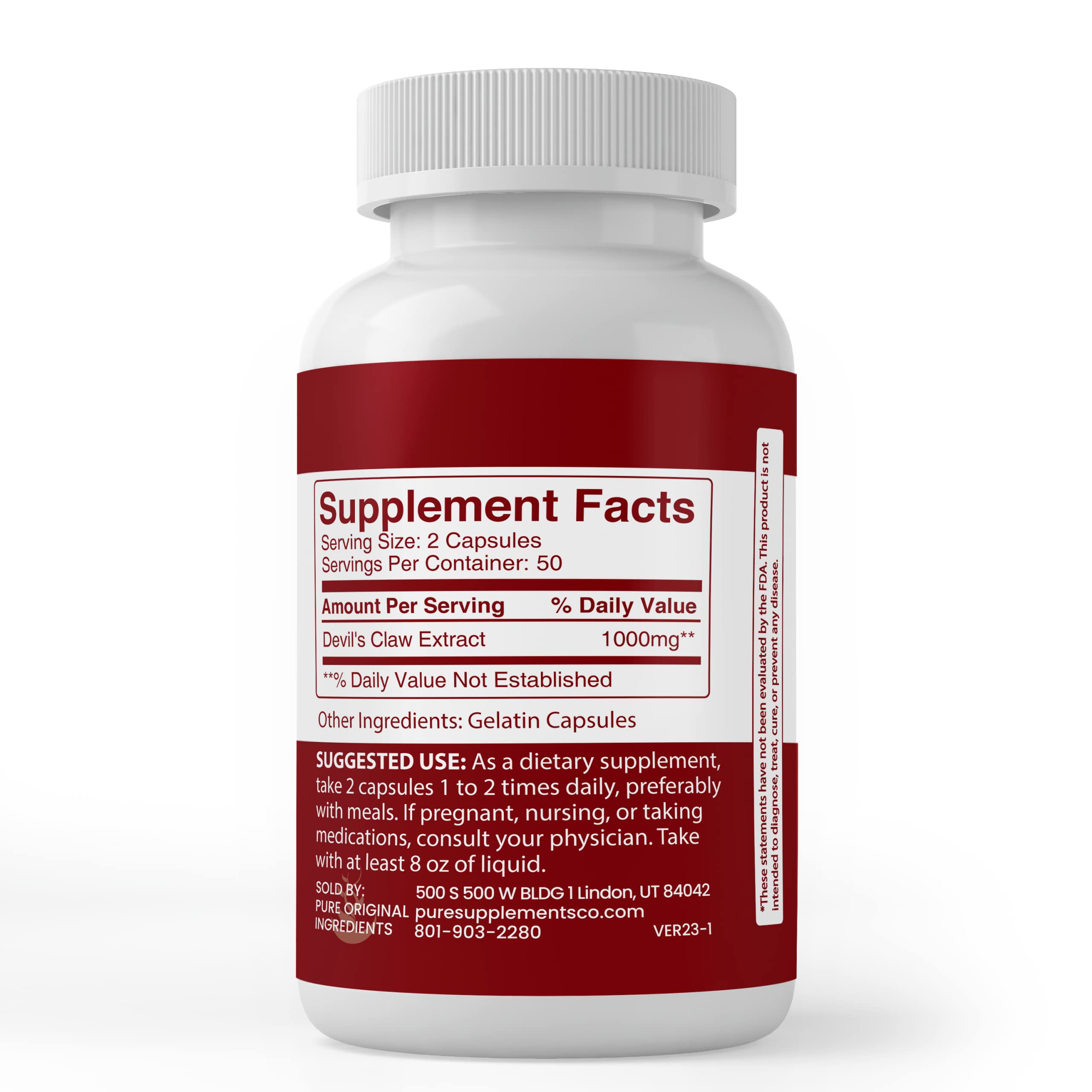 PURE ORIGINAL INGREDIENTS Devil's Claw Extract Capsules bottle with label