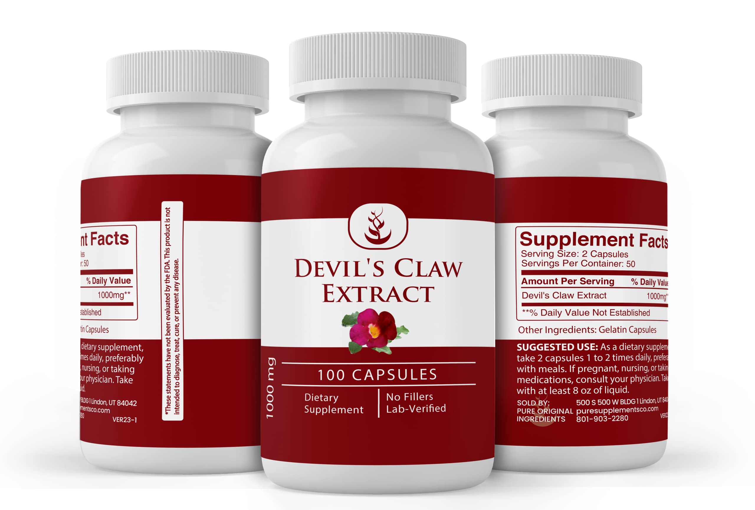 PURE ORIGINAL INGREDIENTS Devil's Claw Extract Capsules on a wooden table