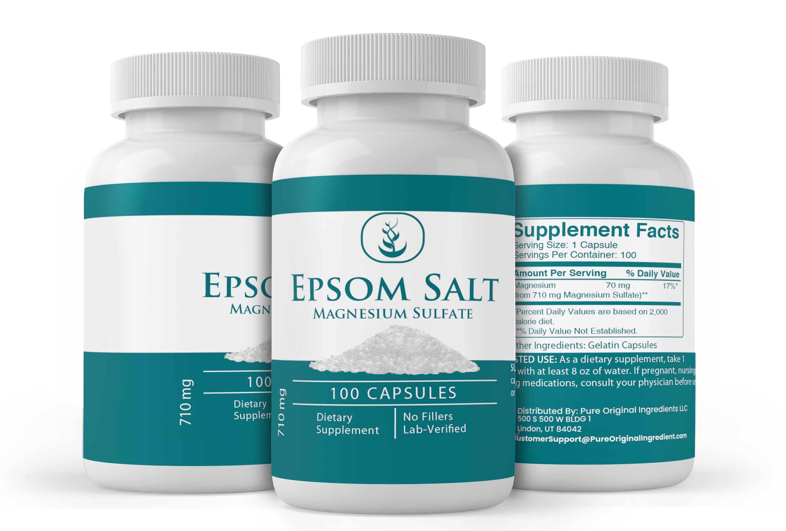PURE ORIGINAL INGREDIENTS Epsom Salt Capsules with dosage details
