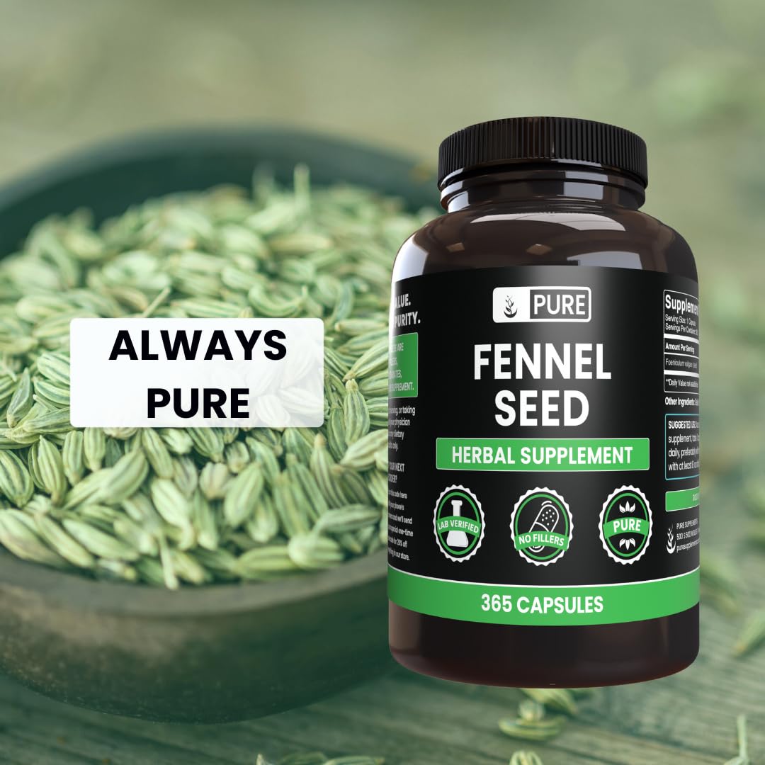 PURE ORIGINAL INGREDIENTS Fennel Seed Capsules opened bottle
